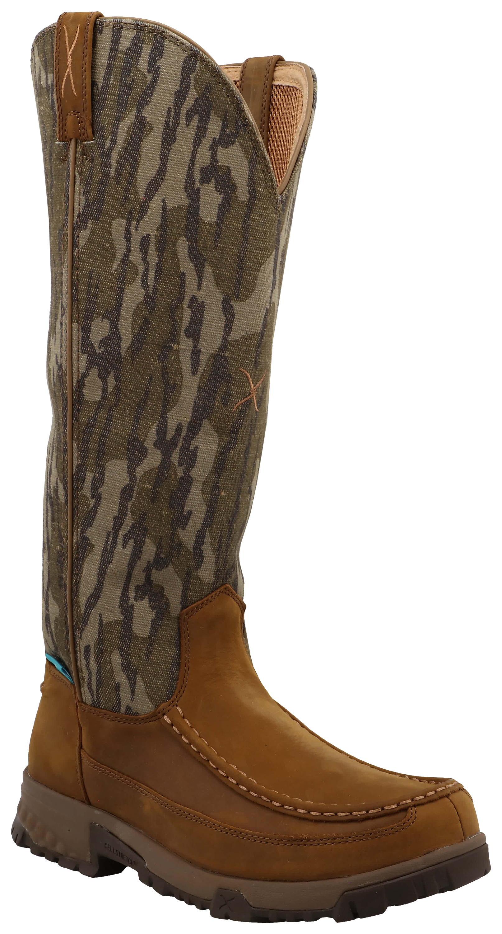 Image of Twisted X Tall Waterproof Snake Boots for Men - Mossy Oak Bottomland/Brown