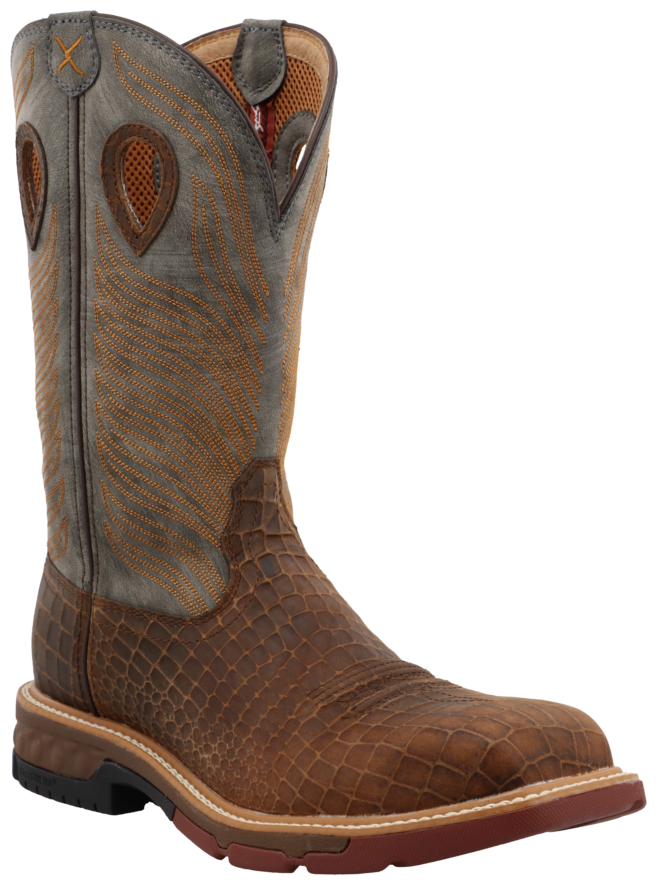 Image of Twisted X Caiman Print Nano Composite Toe Western Work Boots with CellStretch for Men - Brown/Grey - 11W