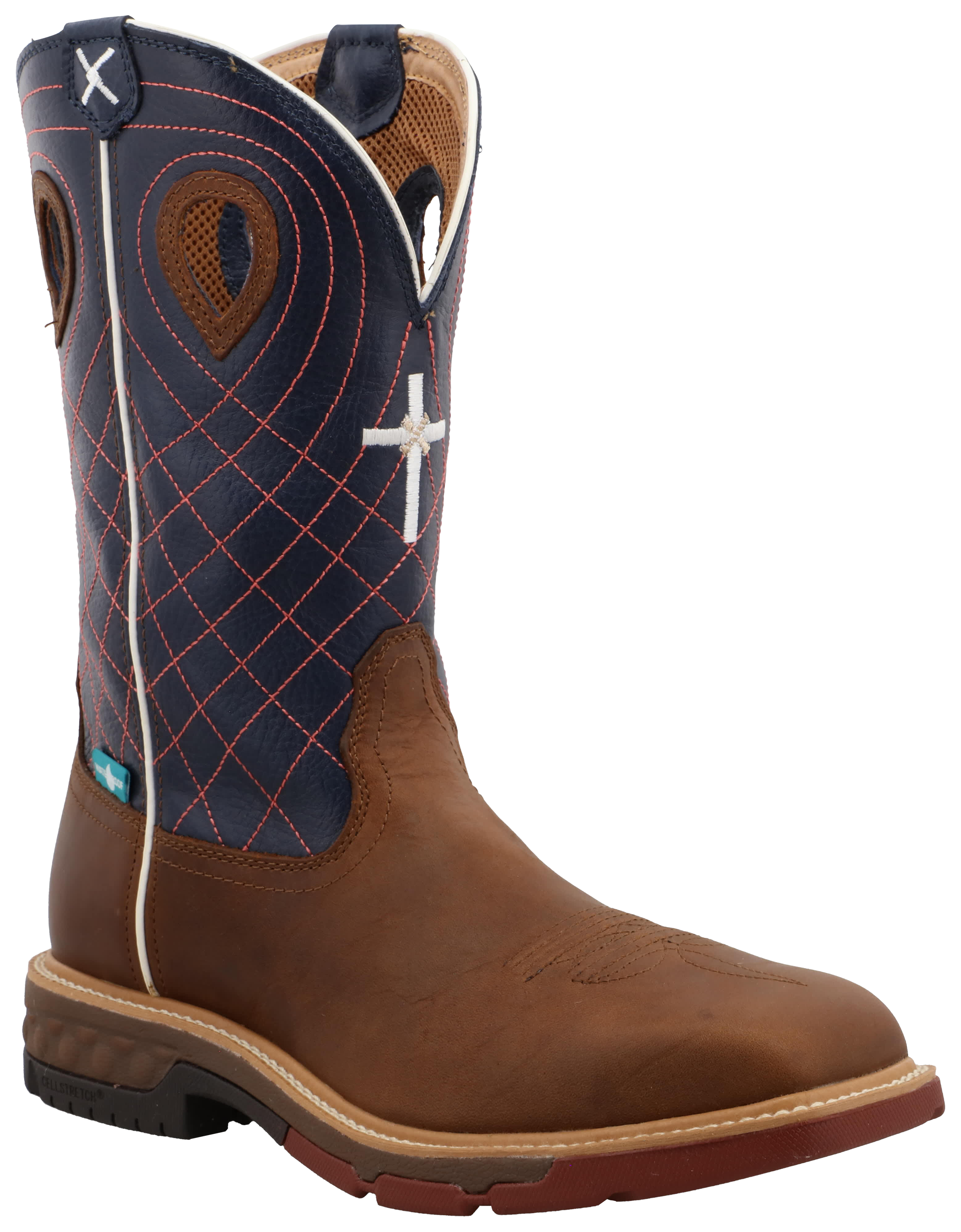 TWISTED X Men's 12" Alloy Toe Western Work Boot with CellStretch - WP, Color: Mocha/Navy, Size: 11.5, Width: EE (MXBAW01-EE-11.5)