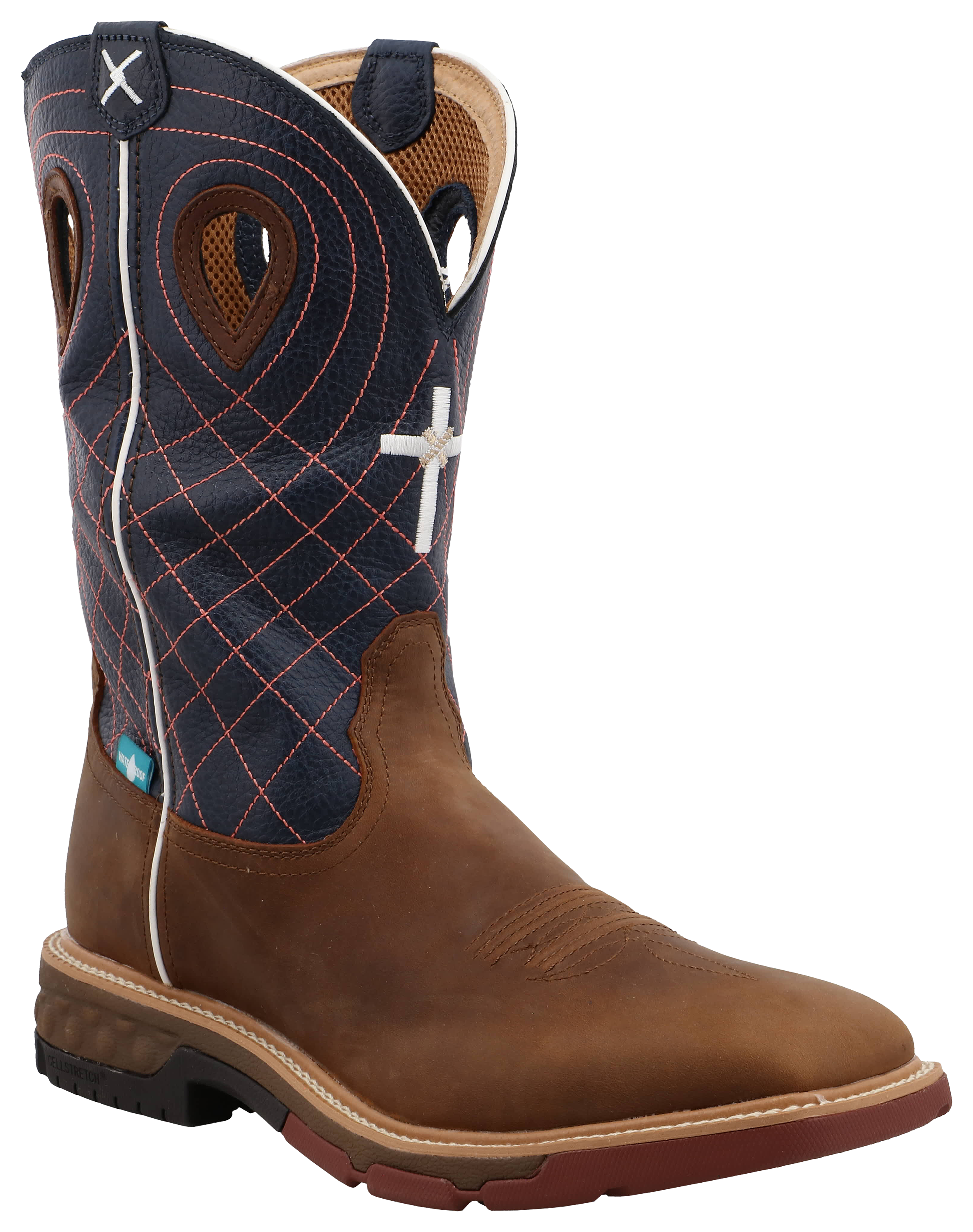 Image of Twisted X Cross Waterproof Western Work Boots with CellStretch for Men - Mocha/Navy - 10W