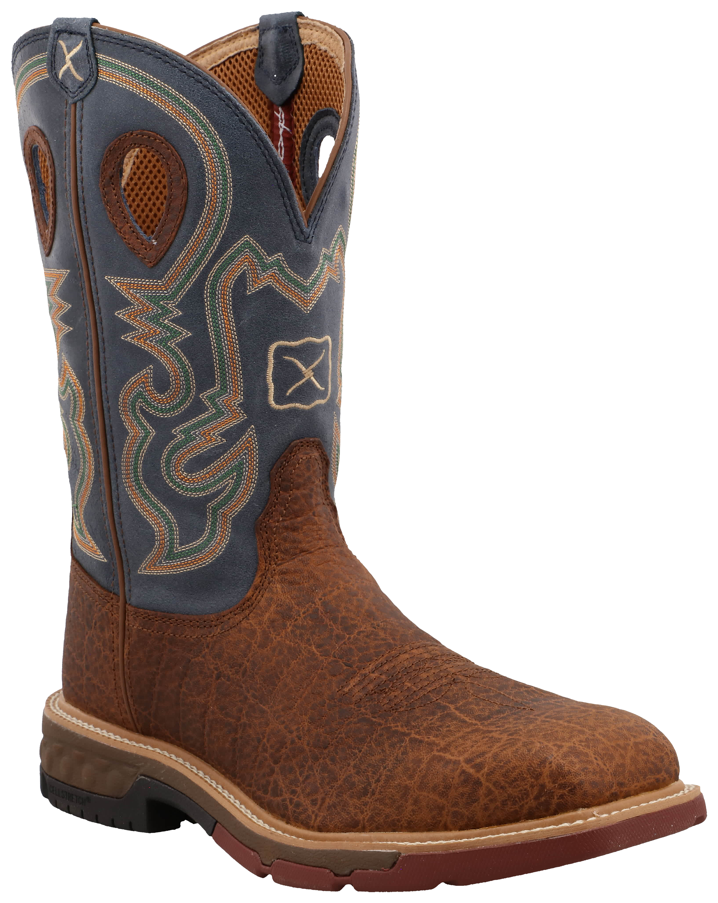 Image of Twisted X Caiman Print Alloy Toe Western Work Boots with CellStretch for Men - Distressed Saddle/Peacock - 11.5M