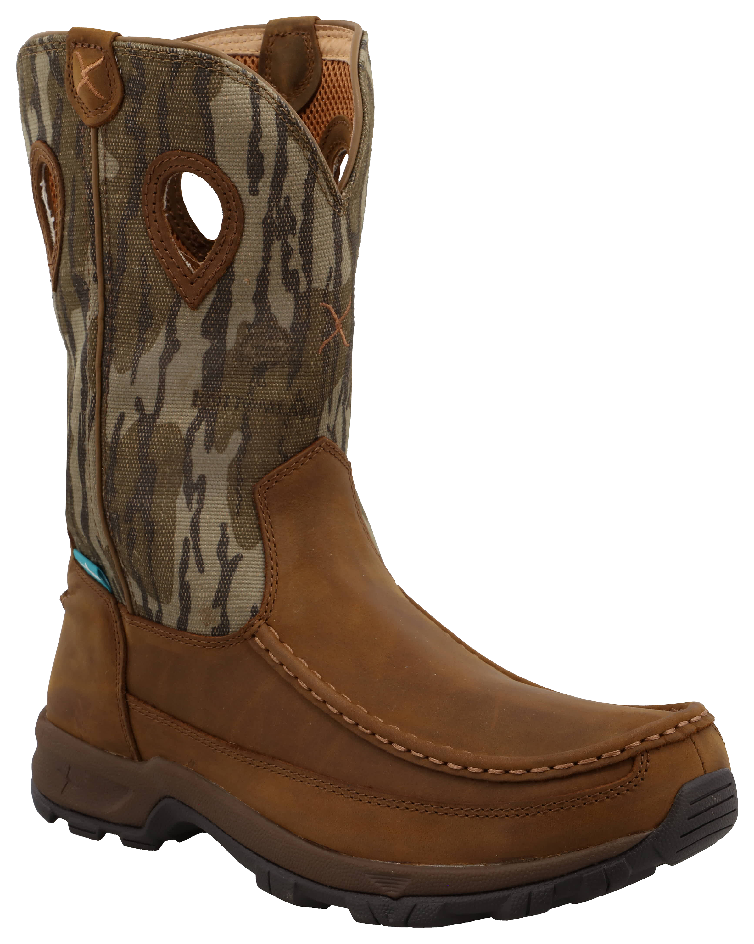 Image of "Twisted X 11"" Pull-On CellSole Hiker Boots for Men - Mossy Oak Bottomland/Distressed Saddle"