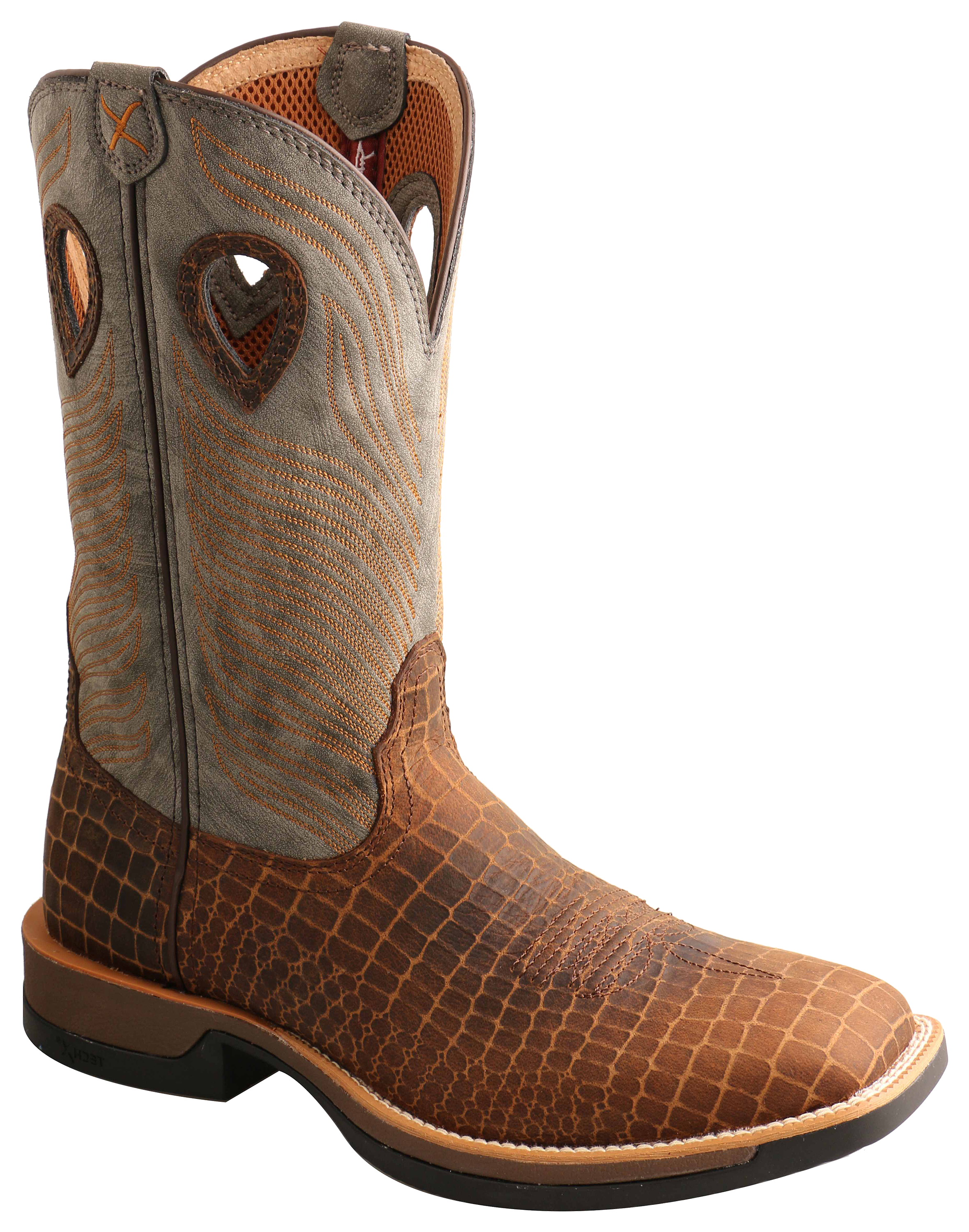 Image of "Twisted X Caiman Print 12"" Tech X Western Boots for Men - Brown/Grey - 10W"
