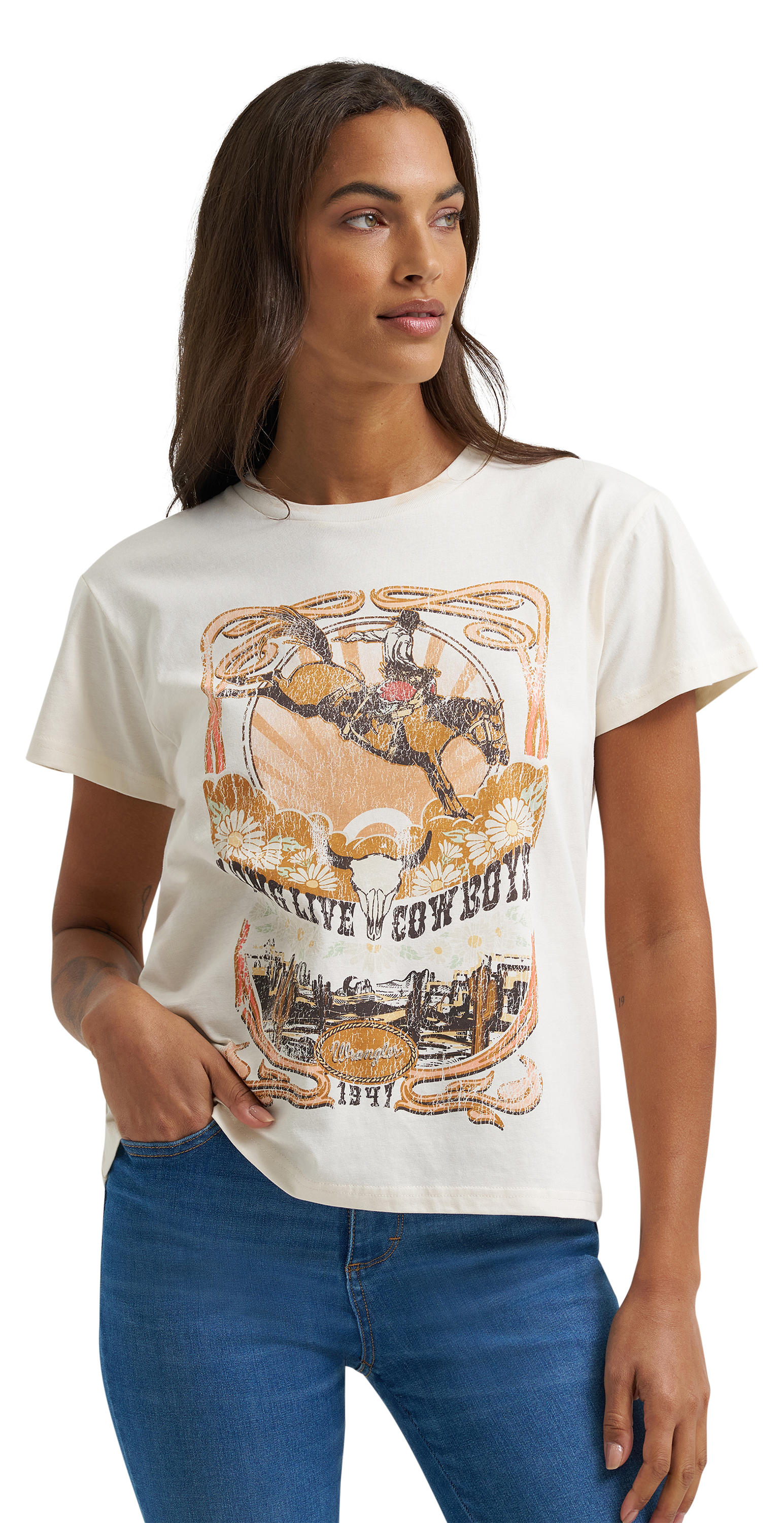 Image of Wrangler Retro Long Live Cowboys Antique Retro Short-Sleeve T-Shirt - Egret