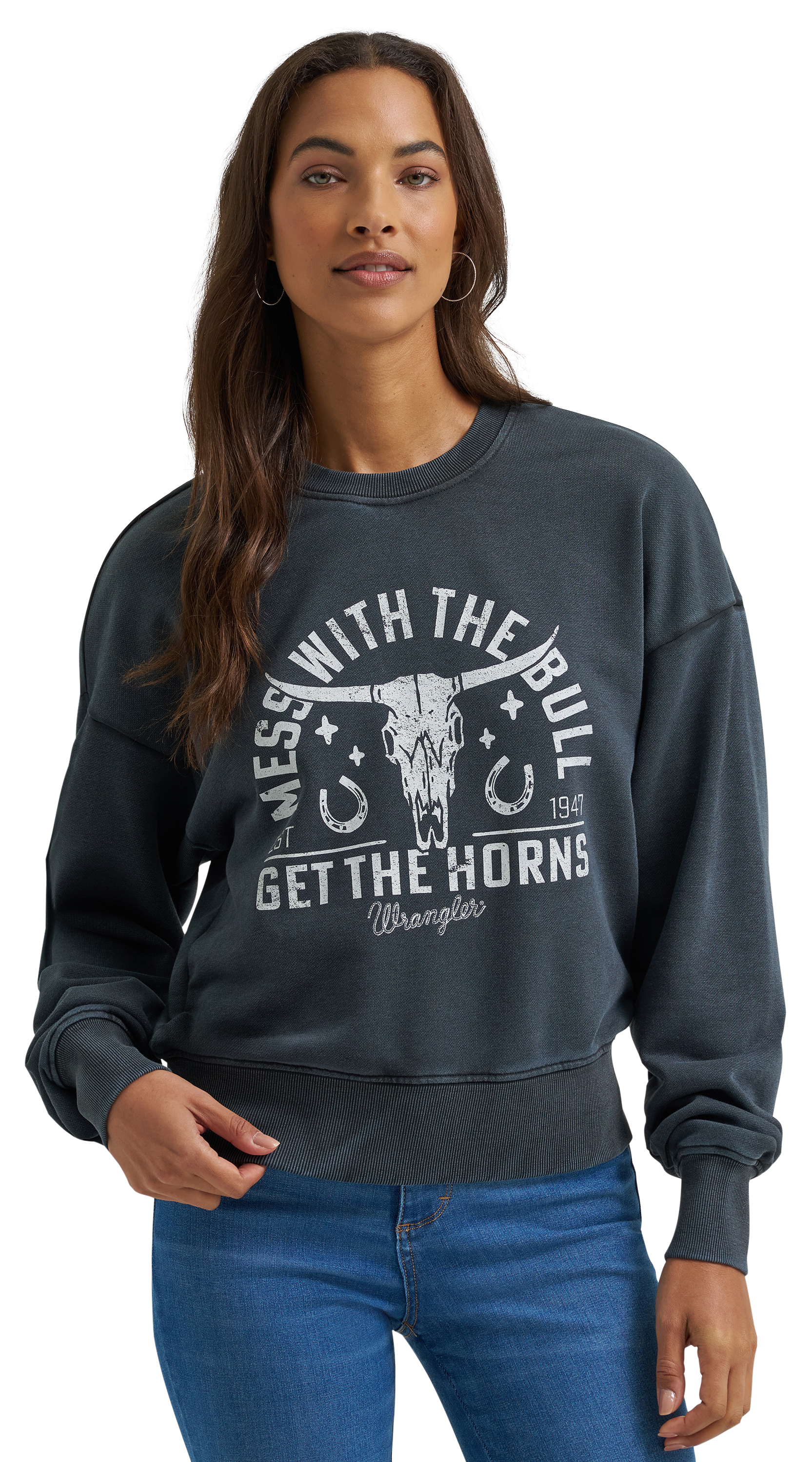 Image of Wrangler Retro Get The Horns Cropped Sweatshirt - Jet Black