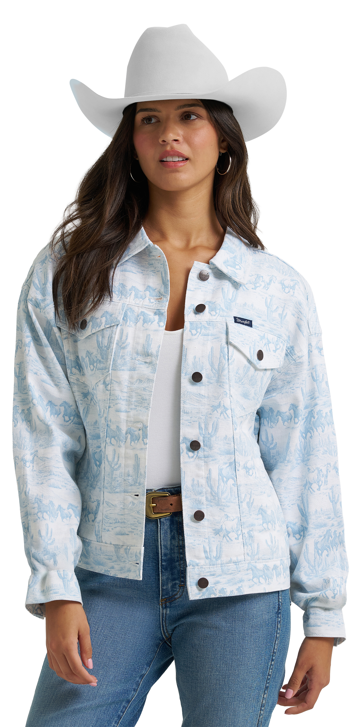 Image of Wrangler Retro Country Toile Relaxed-Fit Denim Jacket - White