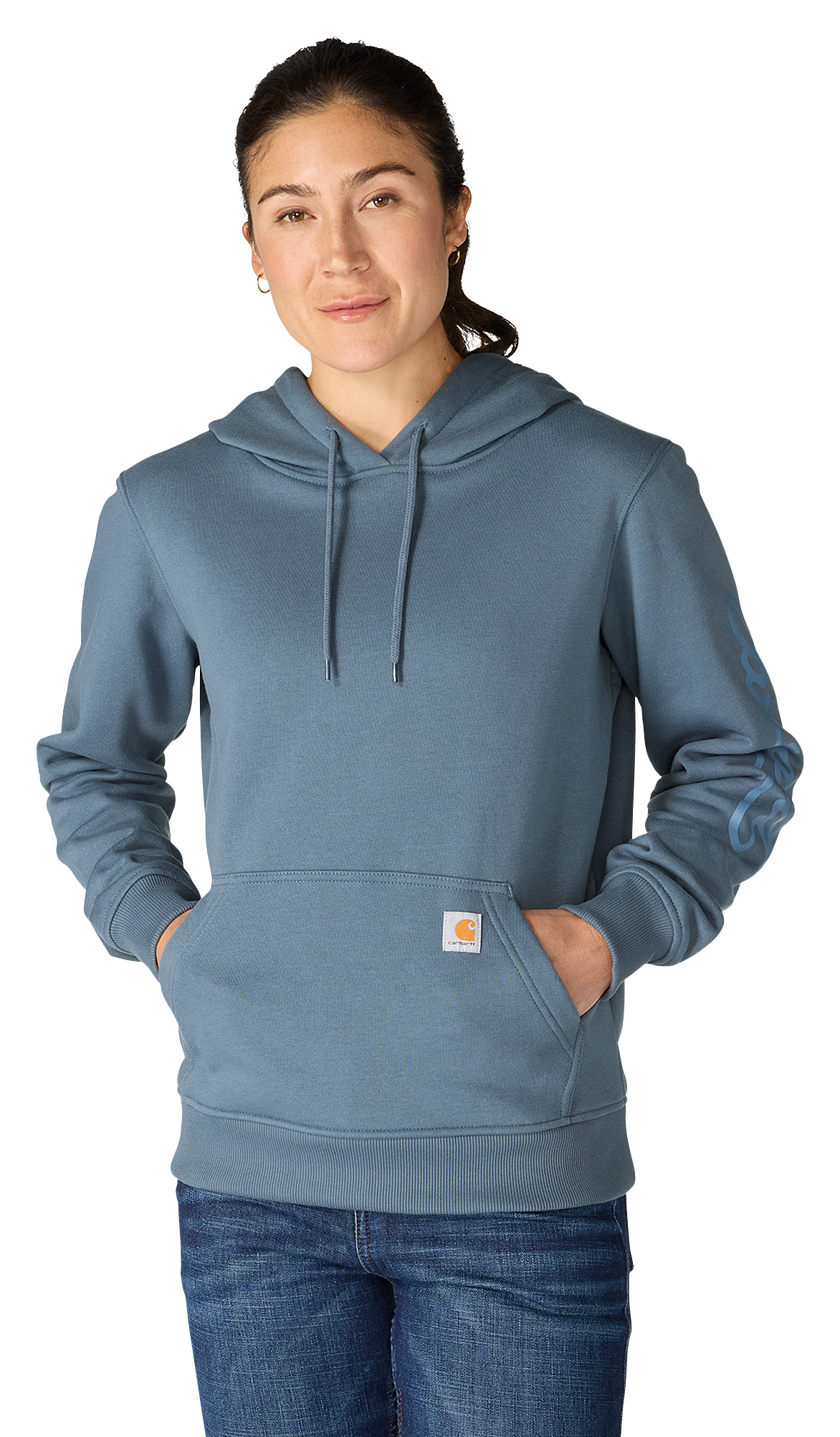 Image of Carhartt Sawyer Script Logo Graphic Sleeve Hooded Sweatshirt - Iron Blue - S