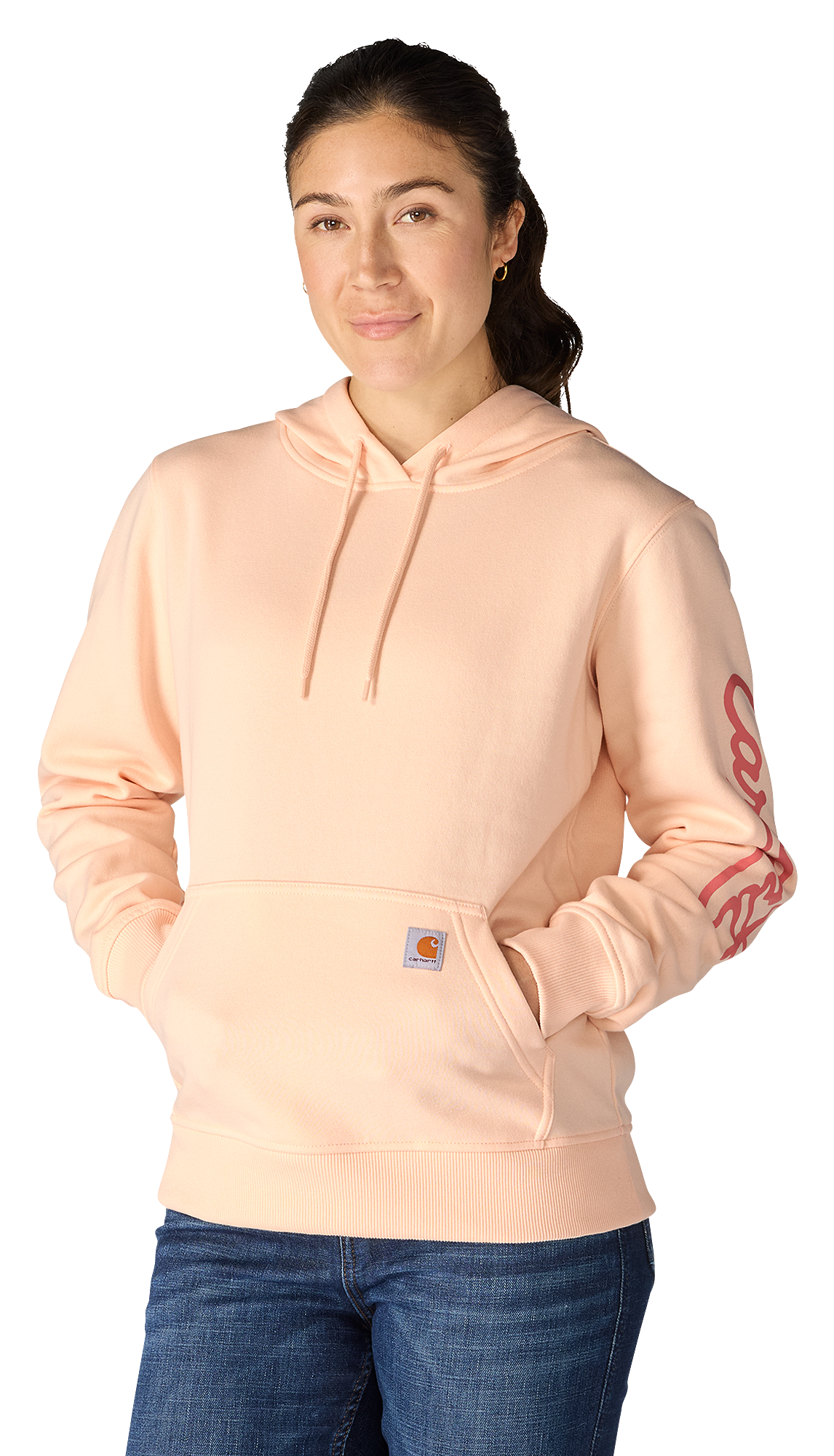 Image of Carhartt Sawyer Script Logo Graphic Sleeve Hooded Sweatshirt - Light Coral - S