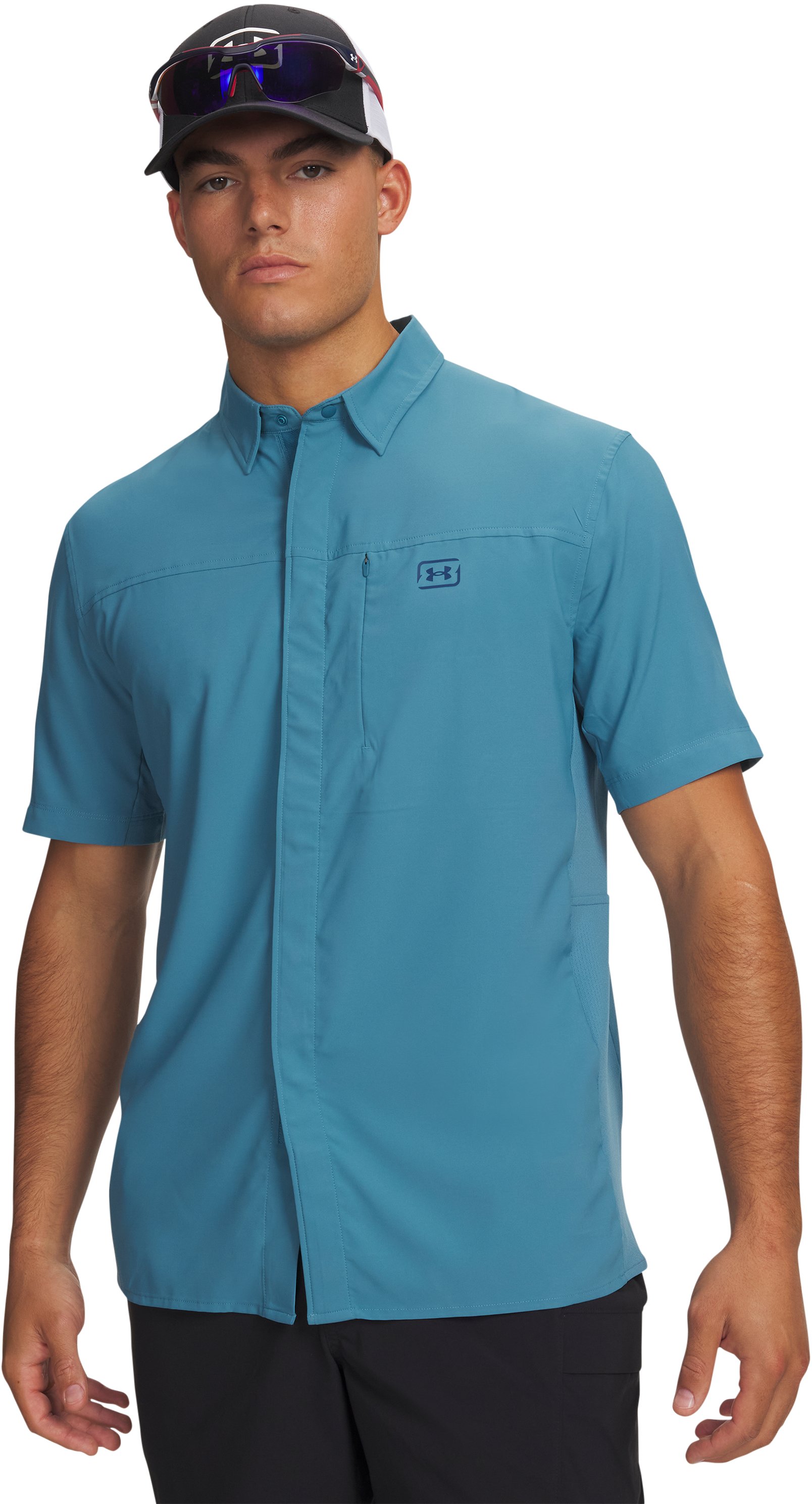 Image of Under Armour Shorebreak Hybrid Woven Short-Sleeve Button-Down Shirt - Boundless Blue