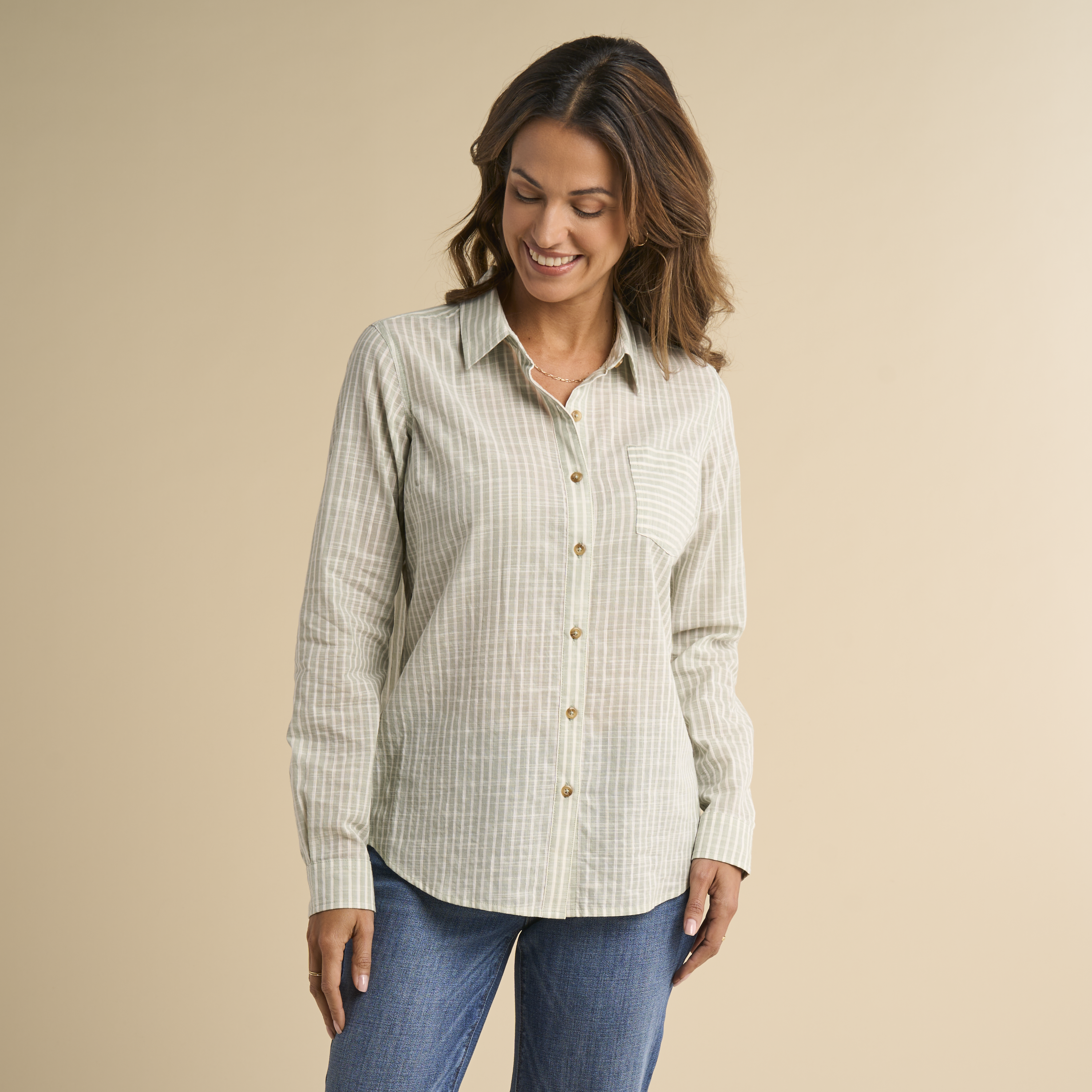 Image of Natural Reflections Meadowlands Long-Sleeve Shirt - Iceberg Green Stripe