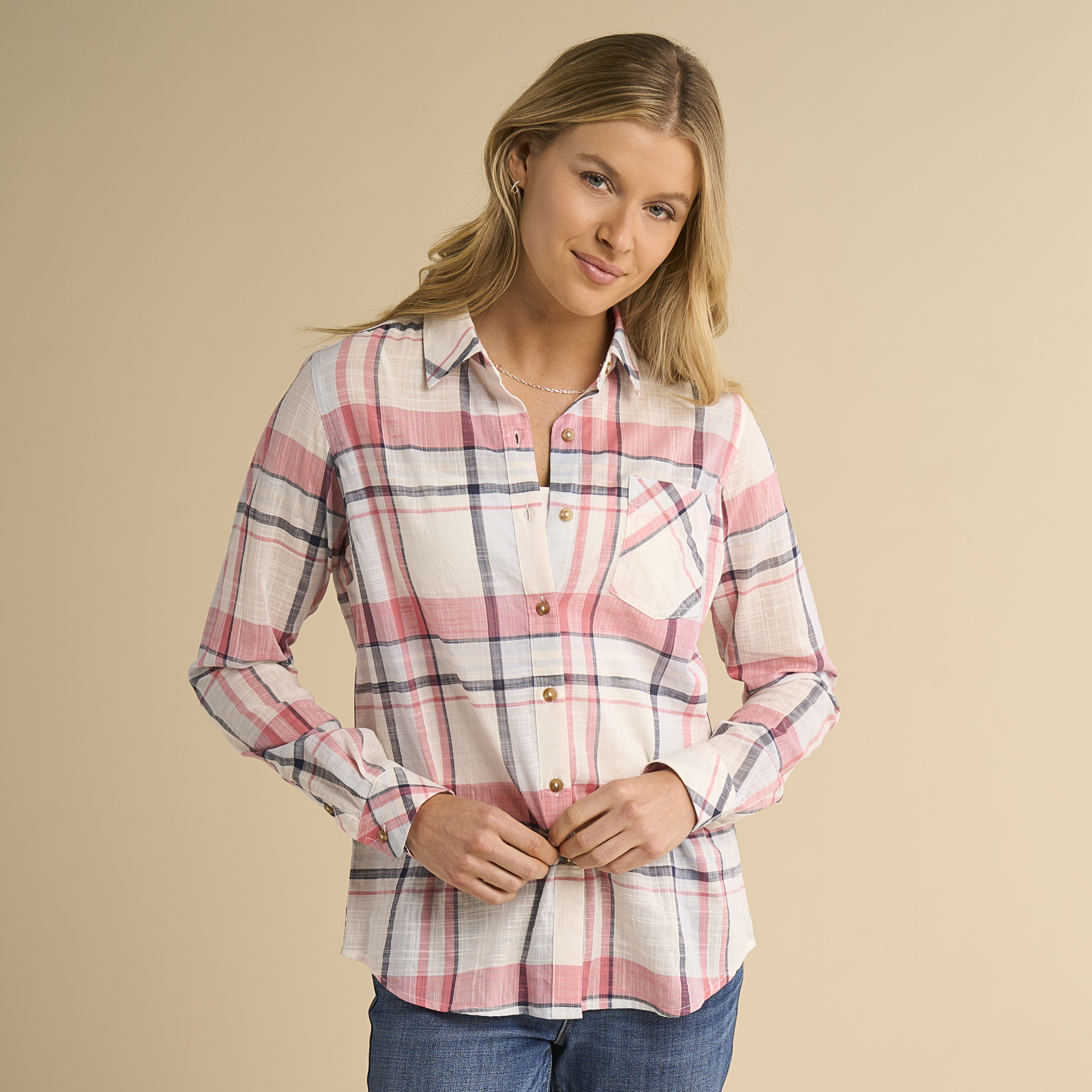 Image of Natural Reflections Meadowlands Long-Sleeve Shirt - Blanc de Blanc Plaid