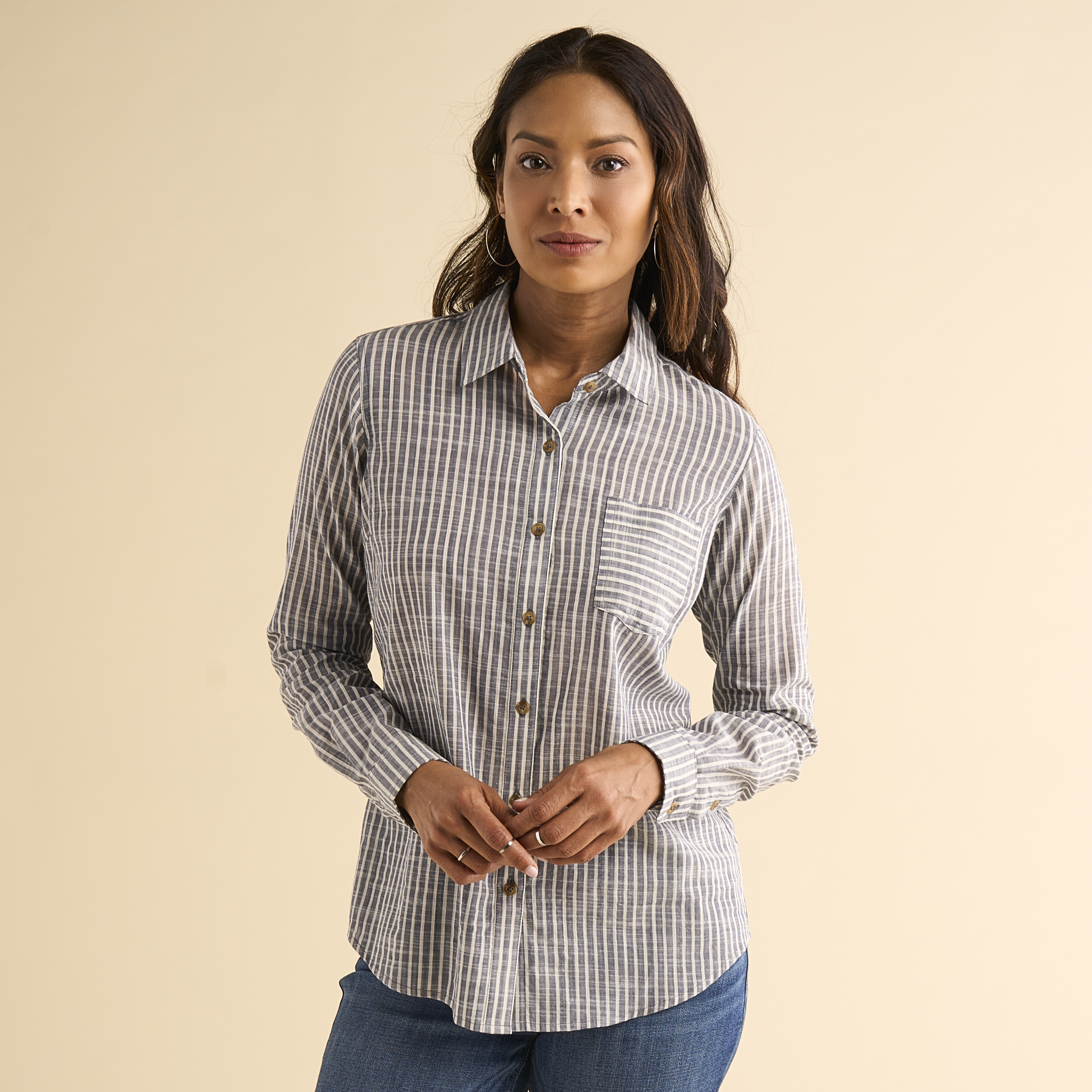 Image of Natural Reflections Meadowlands Long-Sleeve Shirt - Mood Indigo Stripe