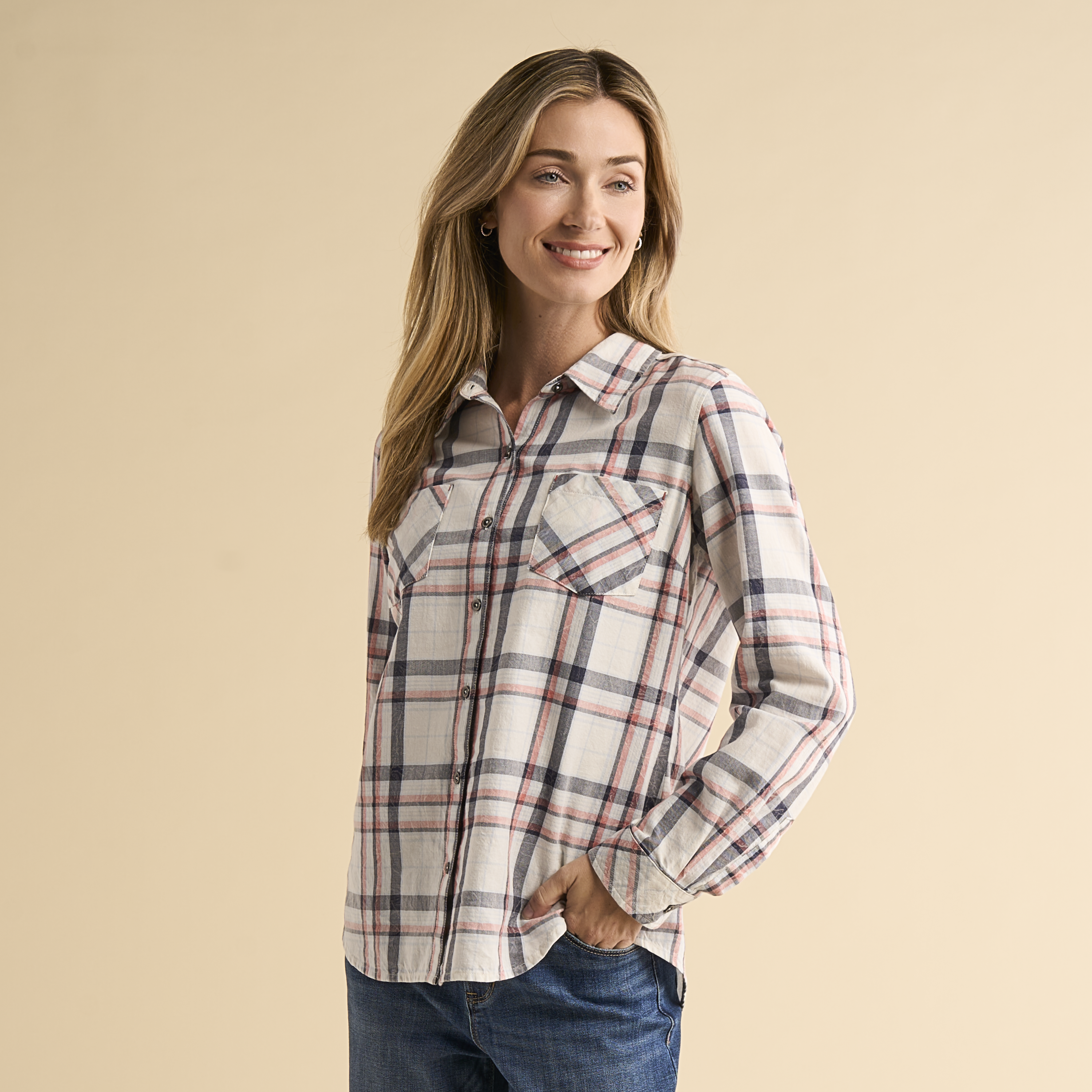 Image of Natural Reflections Acid Wash Plaid Long-Sleeve Shirt - Blanc de Blanc Plaid