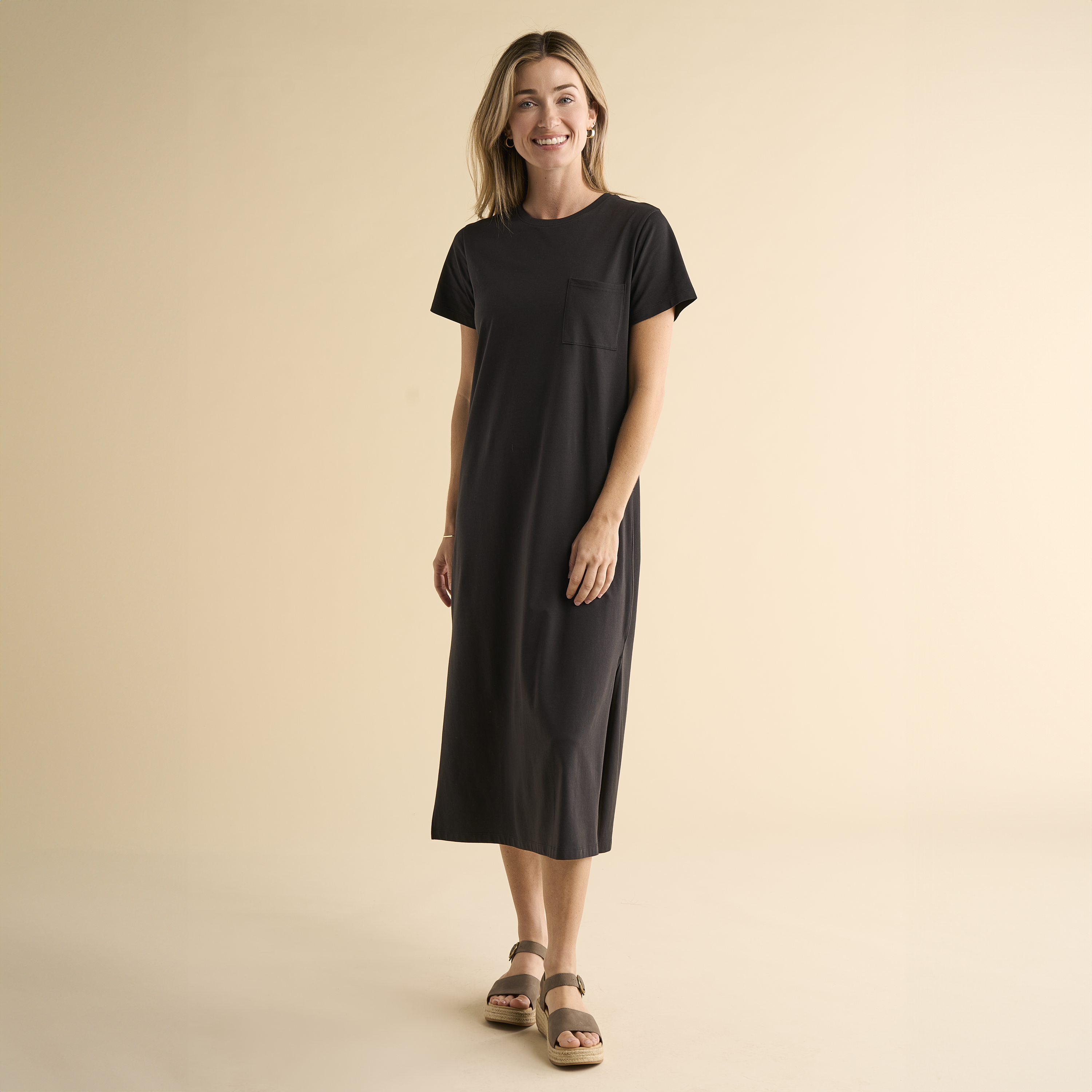 Image of Natural Reflections Everyday Midi T-Shirt Dress - Moonless Night