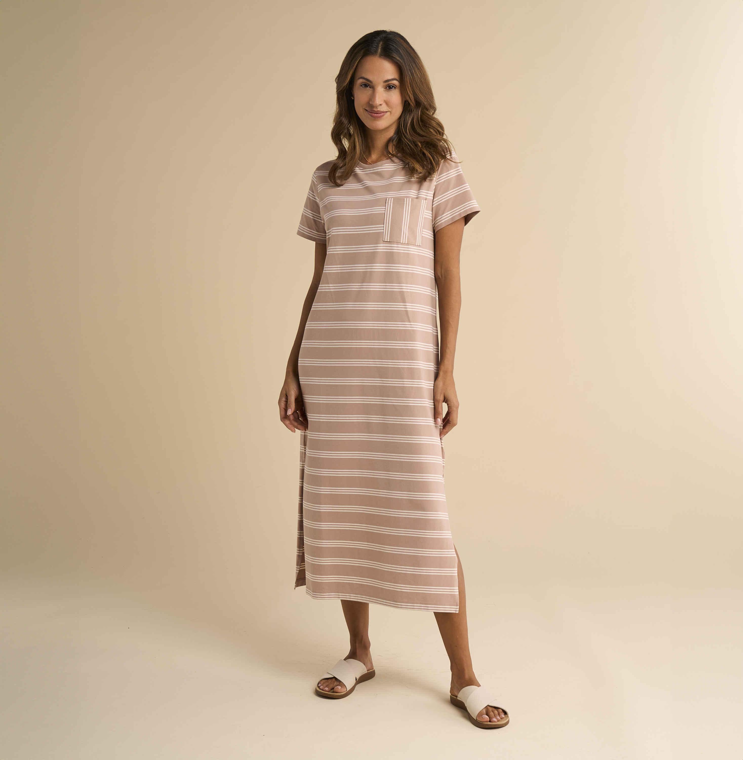 Image of Natural Reflections Everyday Midi T-Shirt Dress - Warm Taupe Stripe