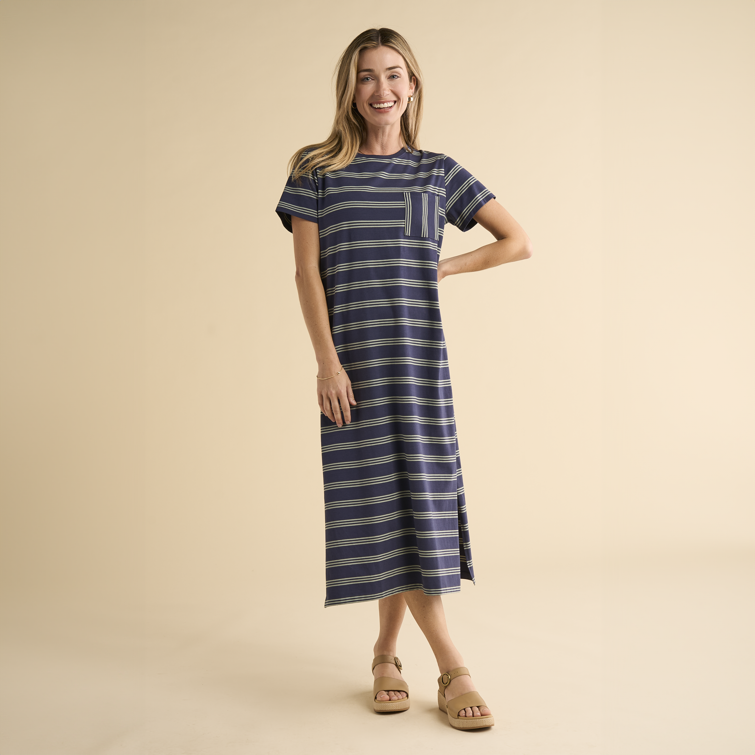 Image of Natural Reflections Everyday Midi T-Shirt Dress - Mood Indigo/Iceberg Green Stripe