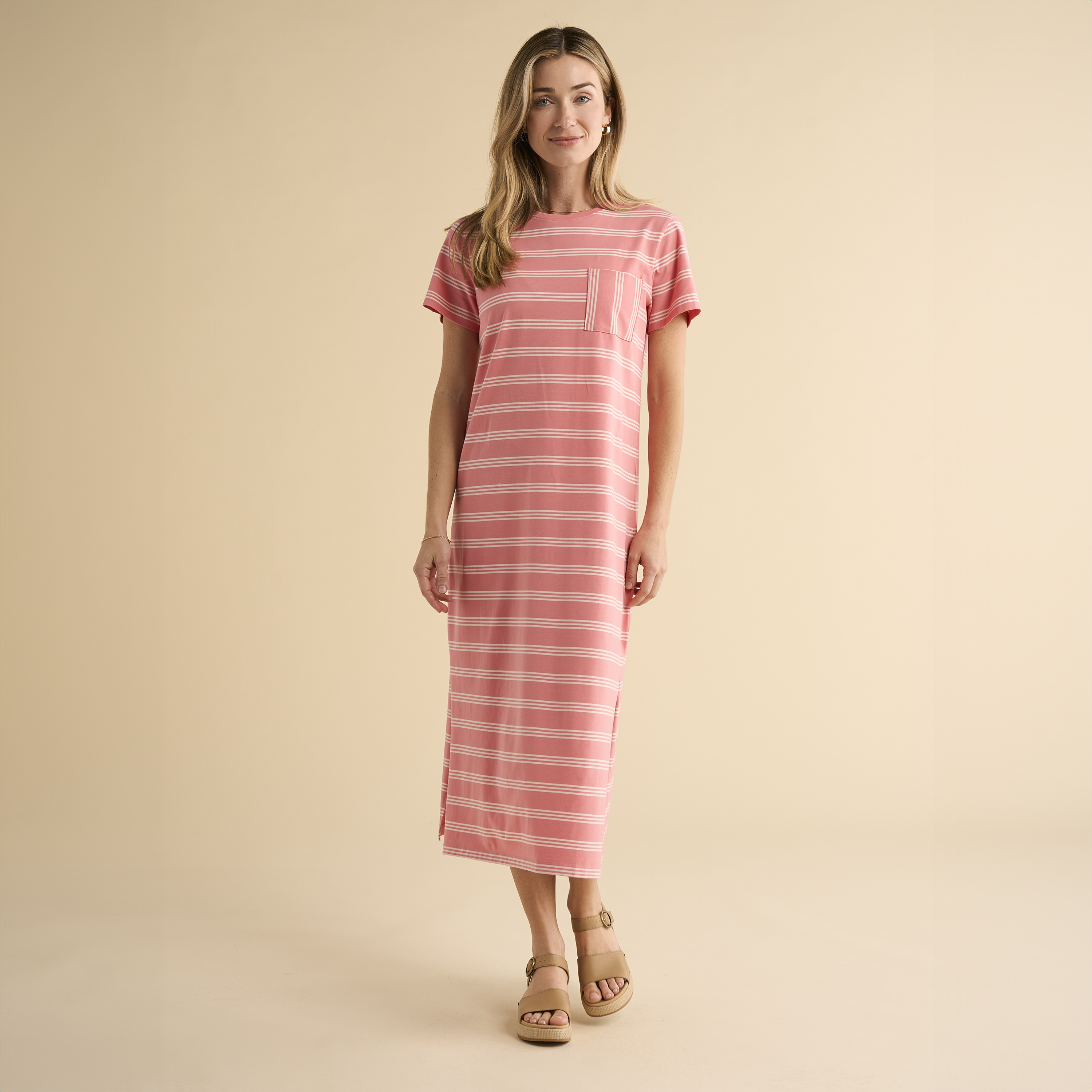 Image of Natural Reflections Everyday Midi T-Shirt Dress - Peach Blossom Stripe