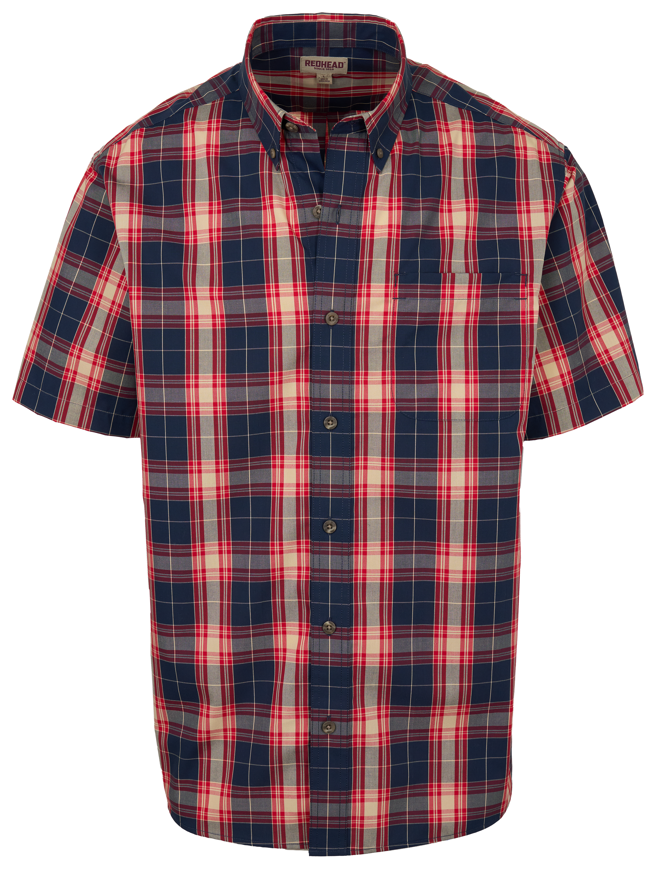 Image of RedHead Wrinkle-Free Plaid Short-Sleeve Button-Down Shirt - Dark Navy Baja Plaid