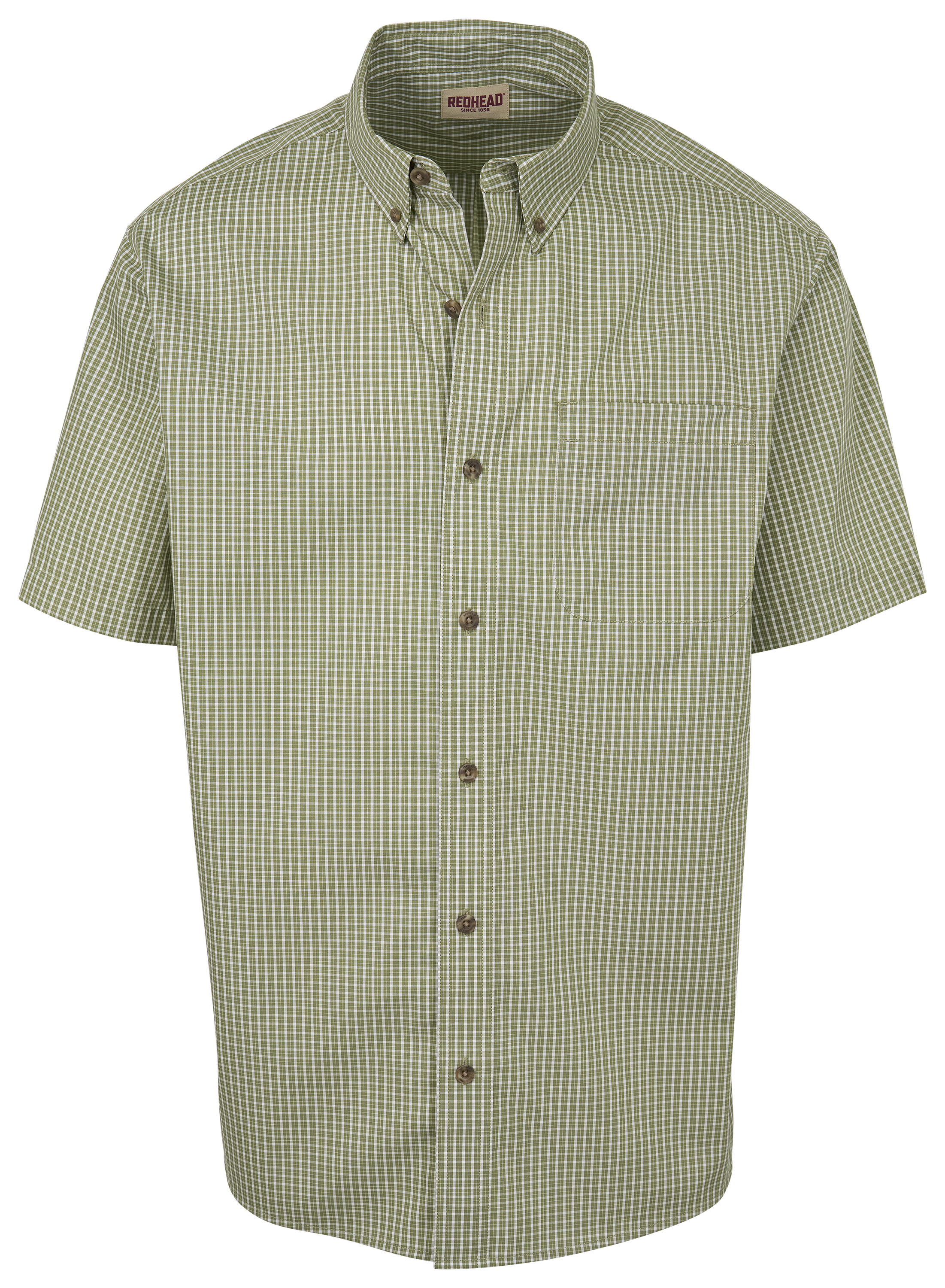 Image of RedHead Wrinkle-Free Plaid Short-Sleeve Button-Down Shirt - Oil Green Boulder