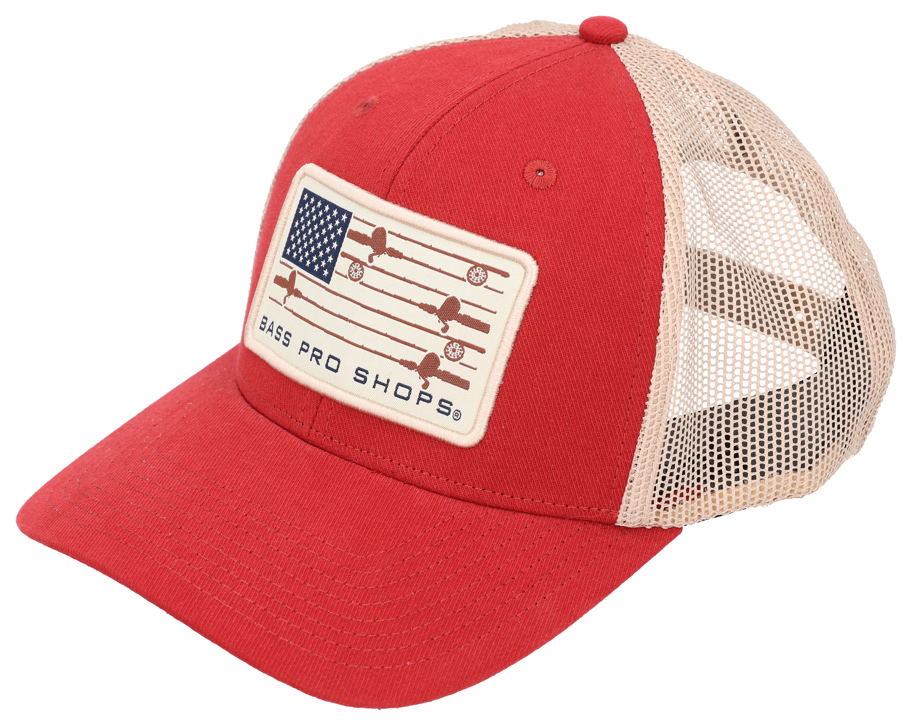 Image of Bass Pro Shops Logo Flag Mesh-Back Snapback Cap - Maroon/Tan