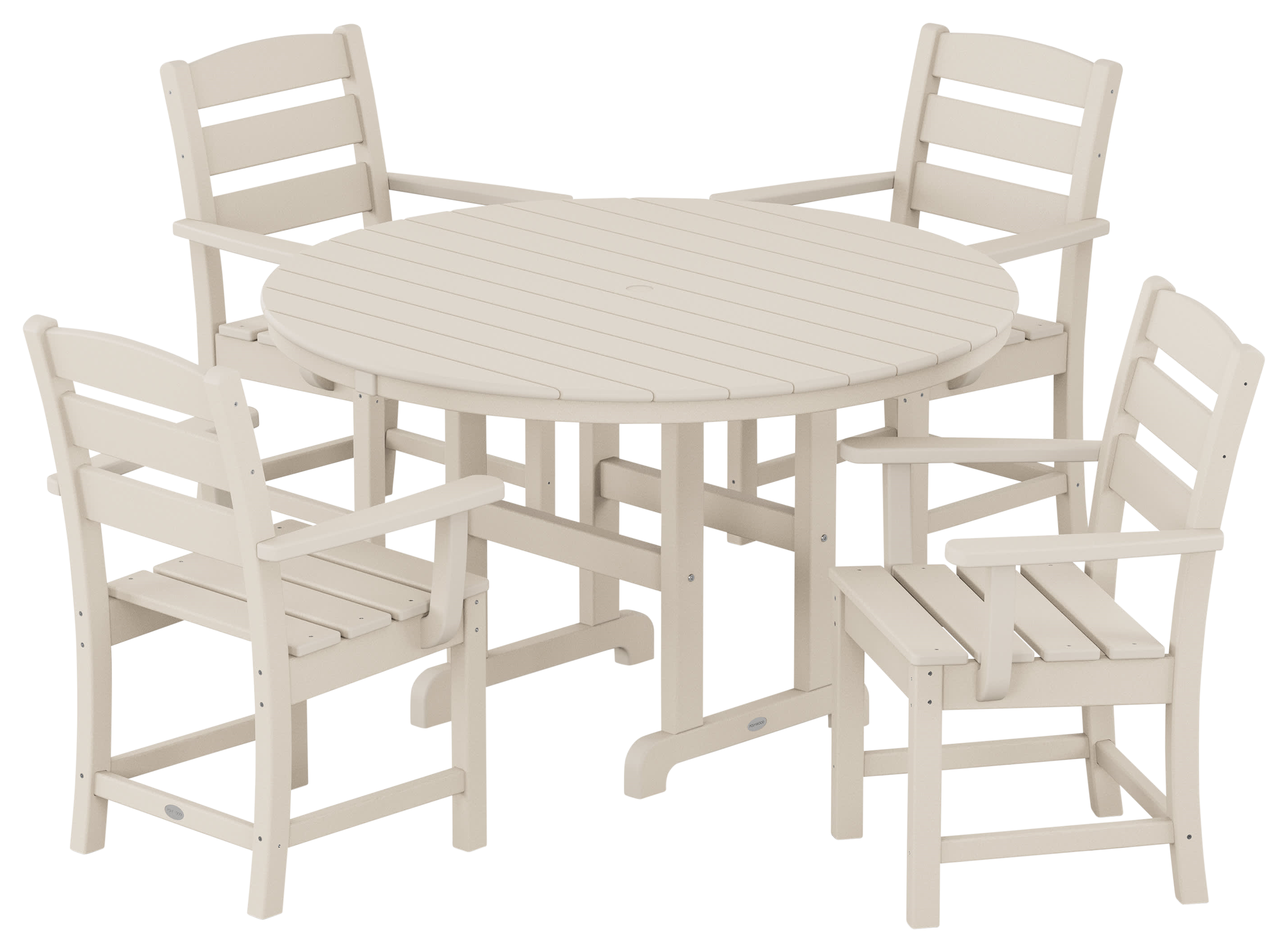 Image of POLYWOOD Lakeside 5-Piece Round Farmhouse Armchair Dining Set - Sand