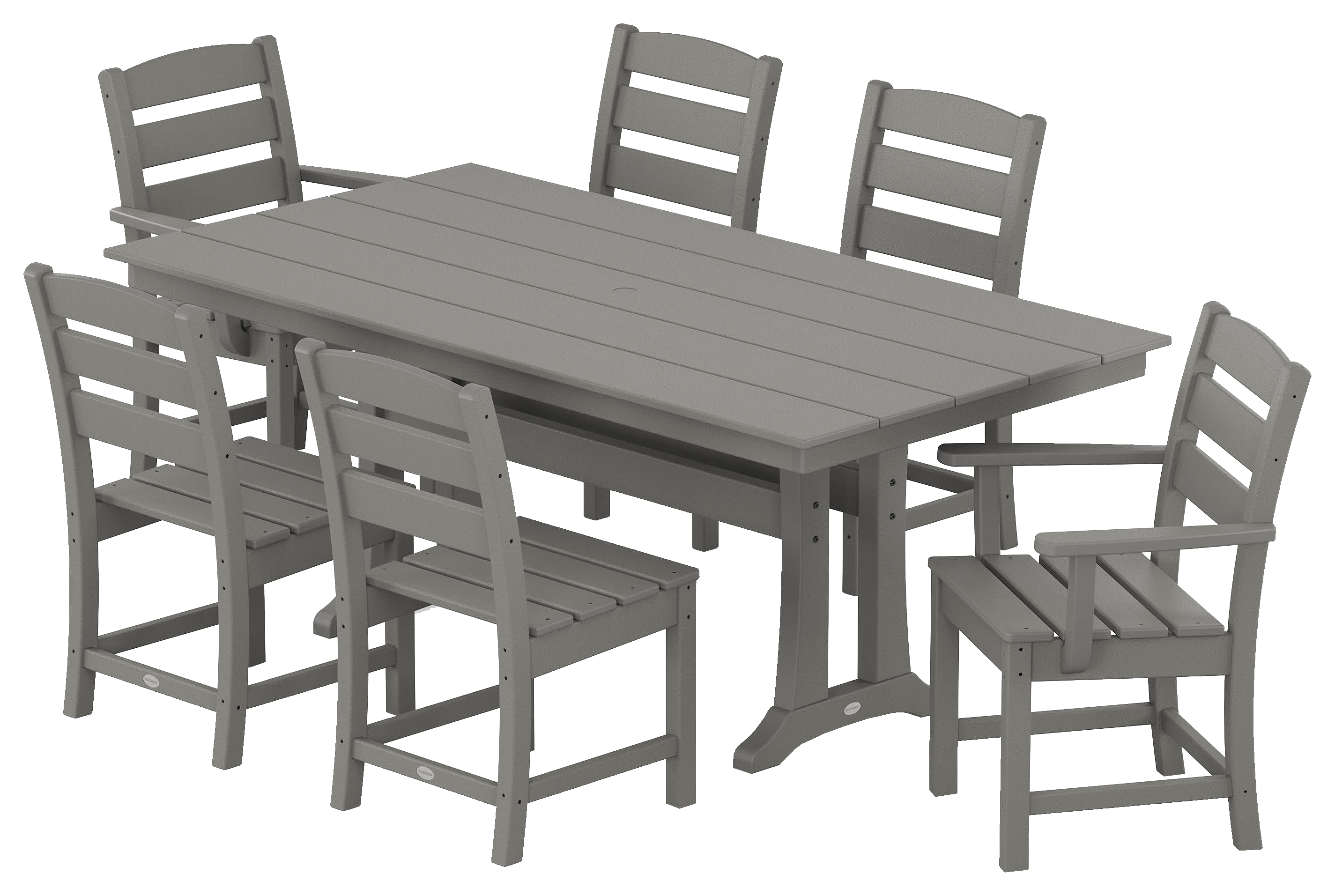 Image of POLYWOOD Lakeside 7-Piece Farmhouse Dining Set with Trestle Legs - Slate Grey