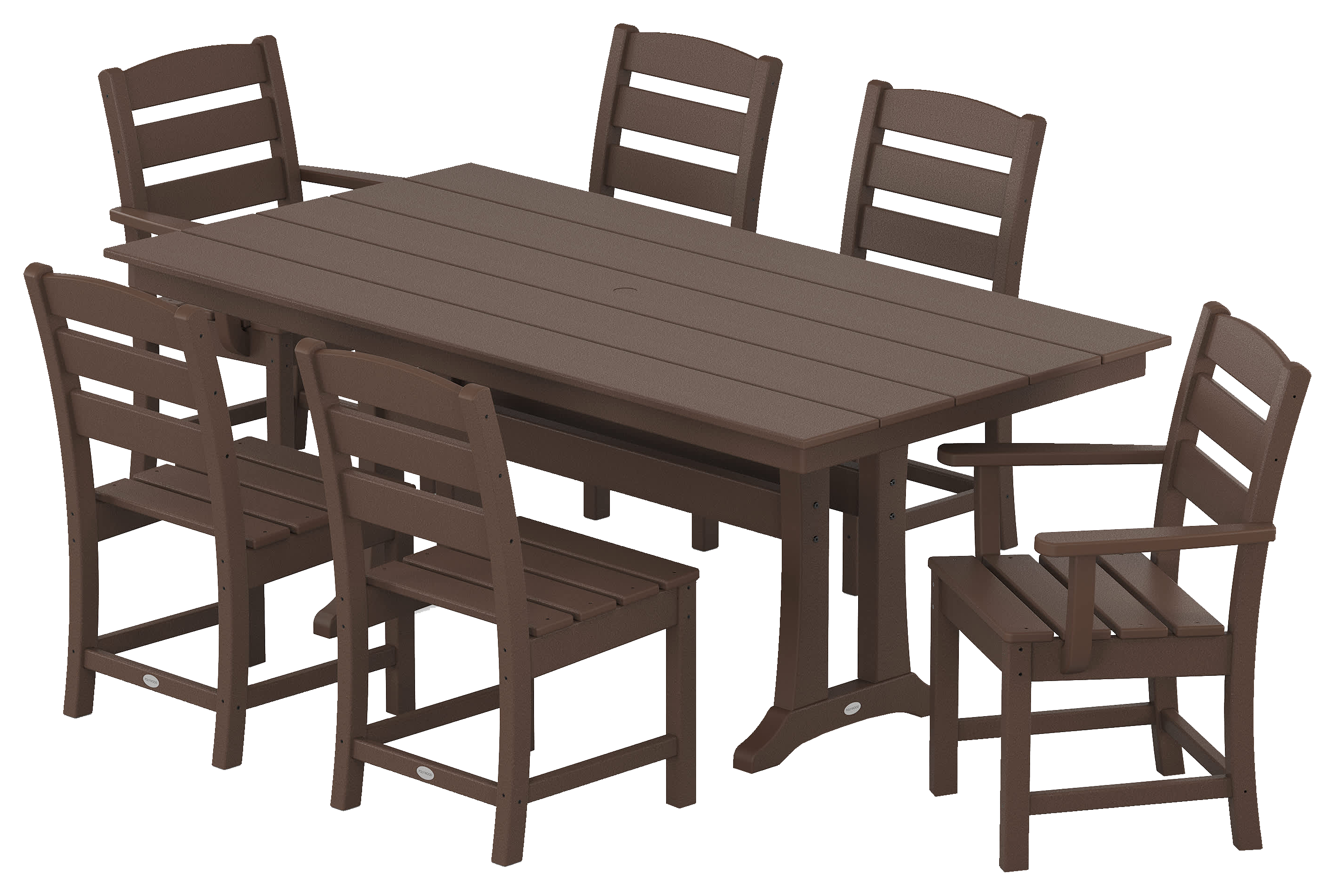 Image of POLYWOOD Lakeside 7-Piece Farmhouse Dining Set with Trestle Legs - Mahogany