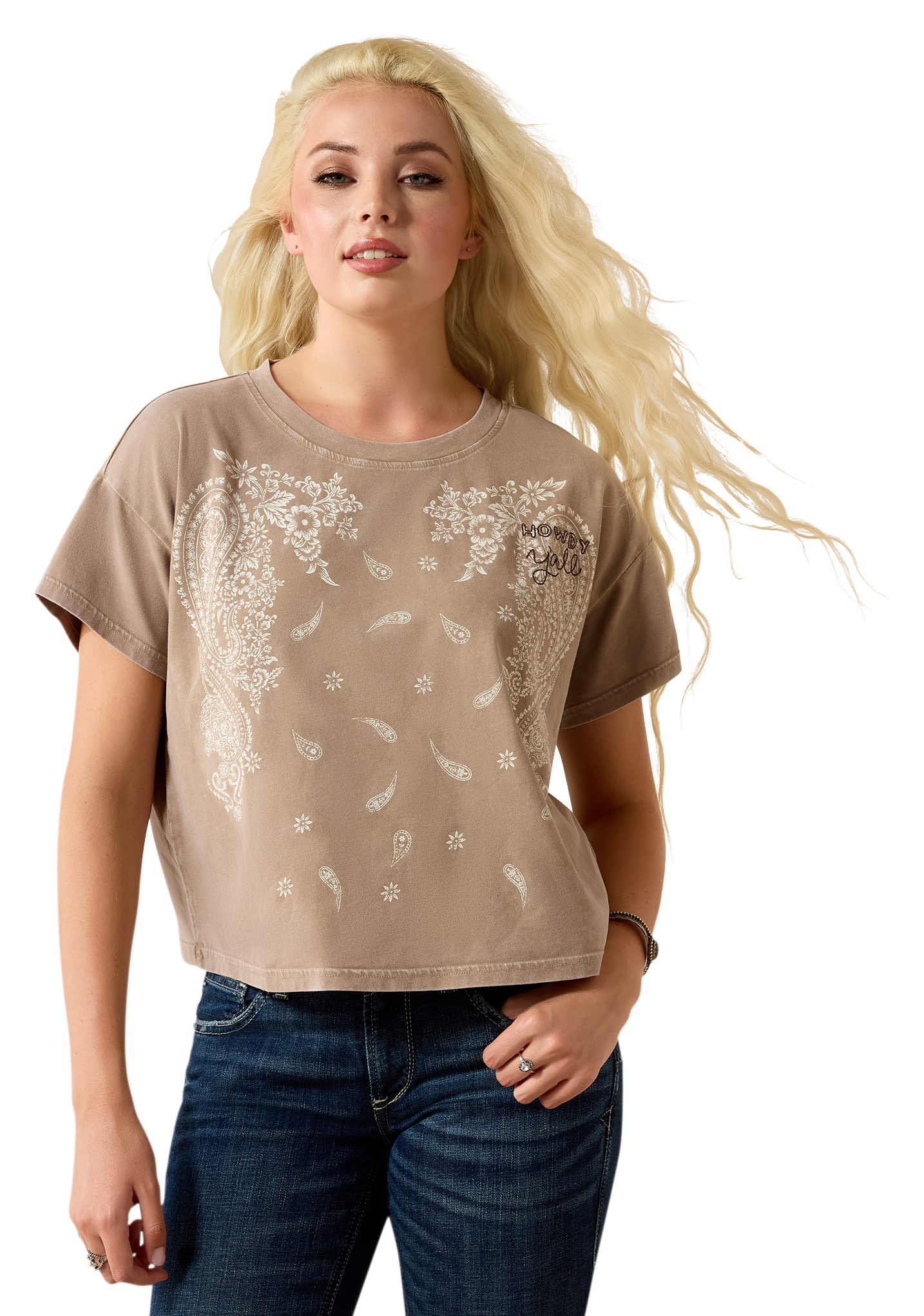 Image of Ariat Paisley Boxy Cropped Short-Sleeve T-Shirt - Taupe Grey