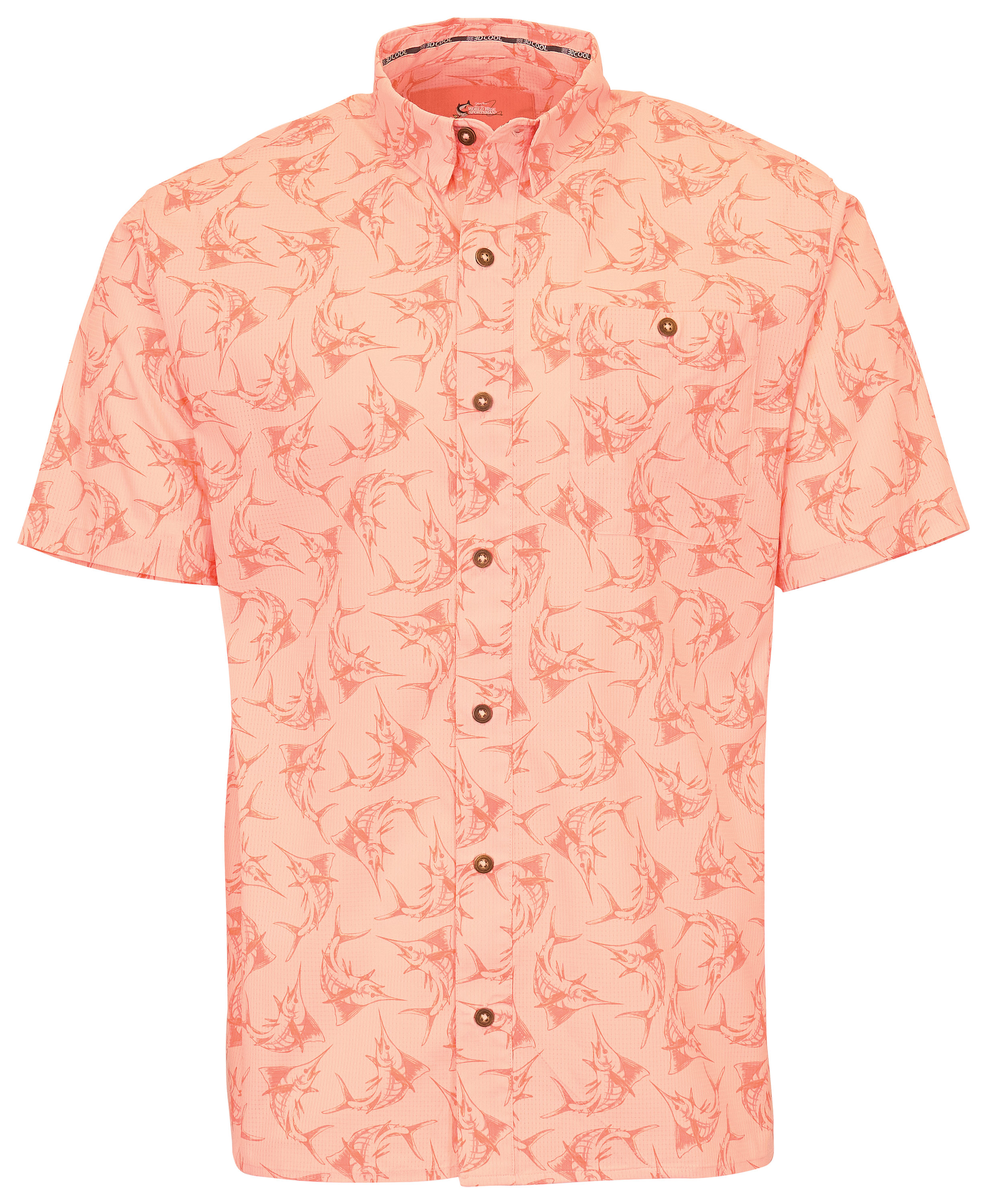 Image of World Wide Sportsman Seacrest Printed Button-Down Short-Sleeve Shirt - Peach Tossed Marlin