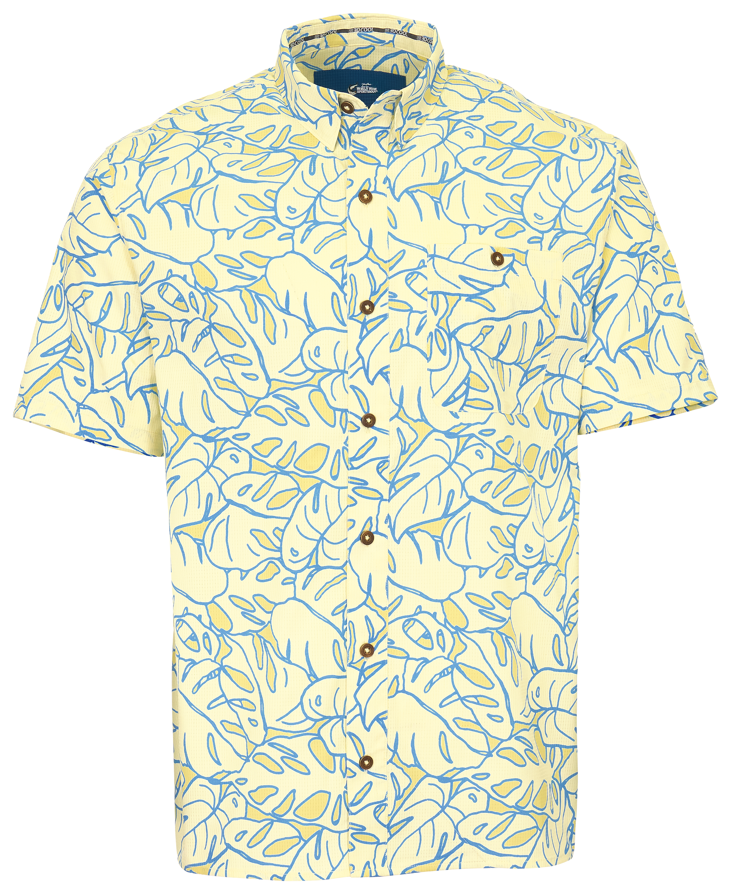 Image of World Wide Sportsman Seacrest Printed Button-Down Short-Sleeve Shirt - Pale Yellow Tropical Outline