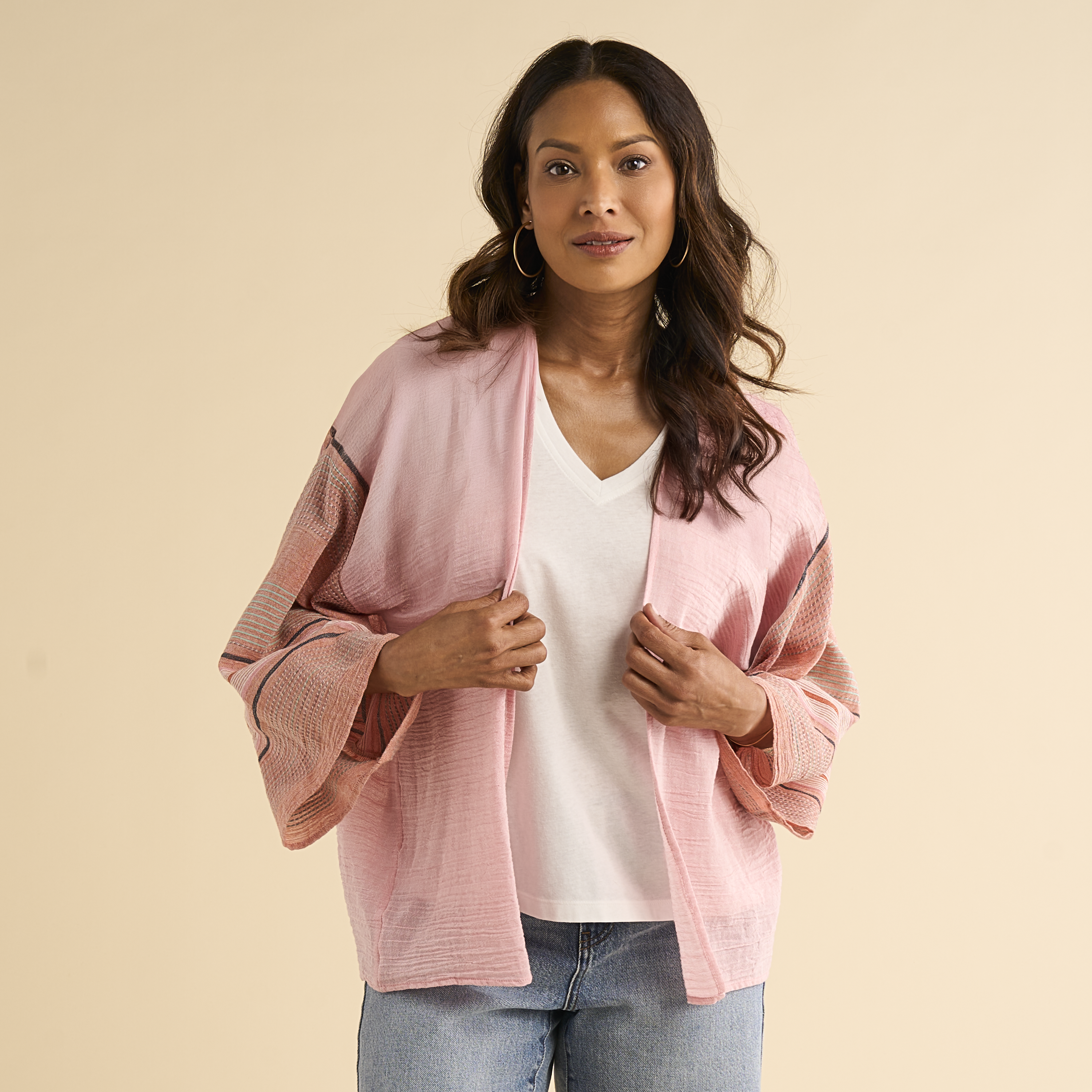 Image of Natural Reflections Peach Beach Stripe Kimono