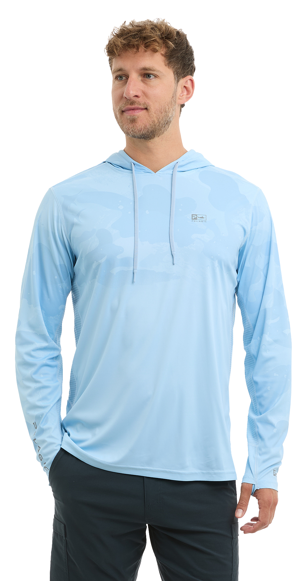 Image of Pelagic Vaportek Brush Camo Hooded Long-Sleeve Fishing Shirt - Light Blue - S