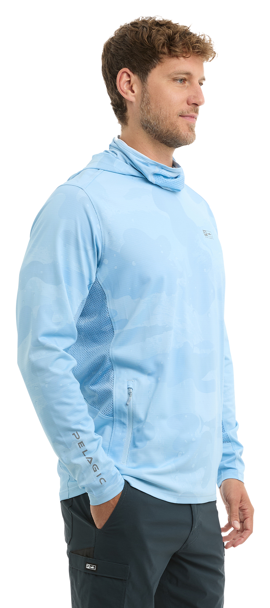 Image of Pelagic Exo-Tech Brush Camo Hooded Long-Sleeve Fishing Shirt - Light Blue - L