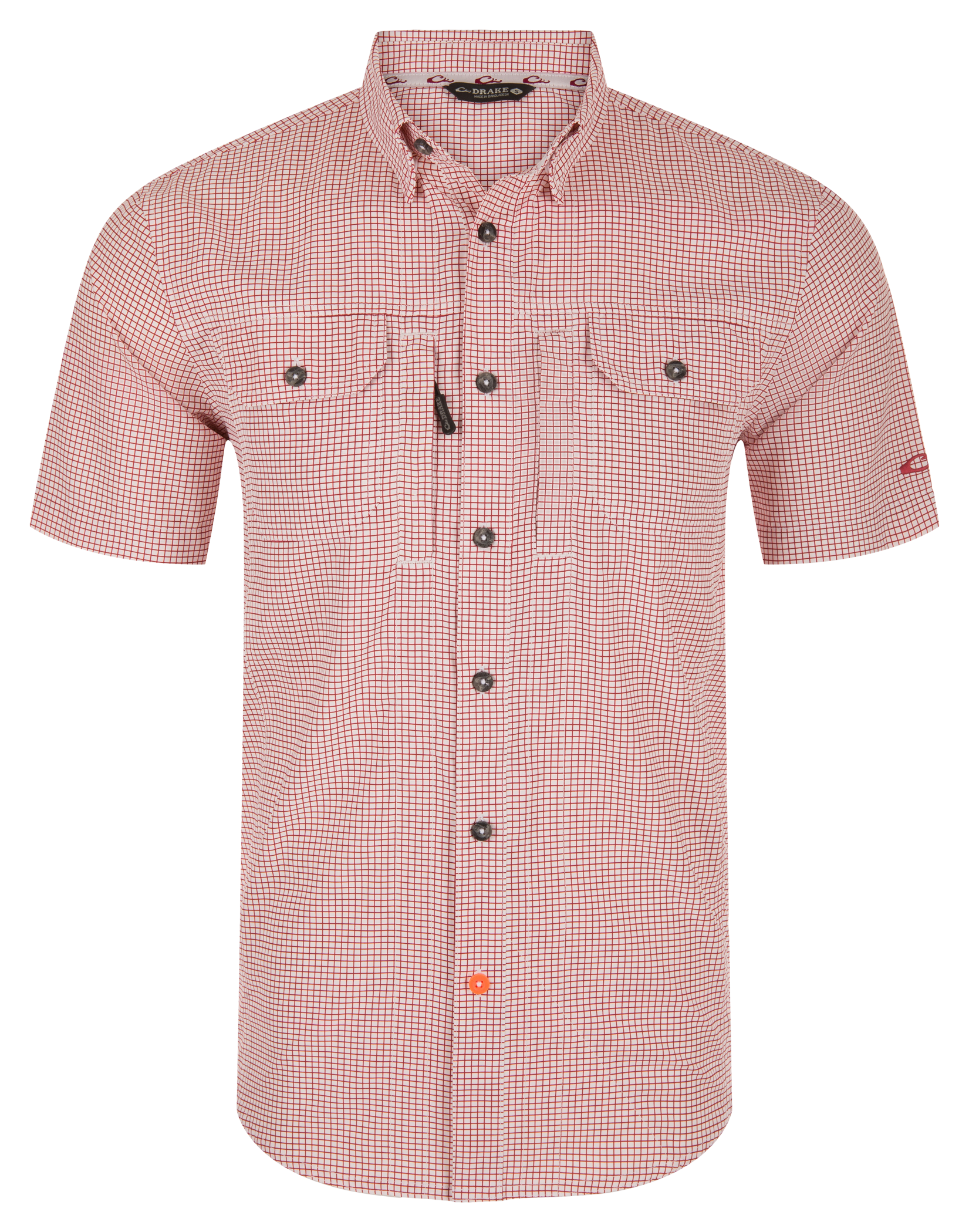 Image of Drake Waterfowl Wingshooters Trey Grid Check Short-Sleeve Button-Down Shirt - Sun-Dried Tomato