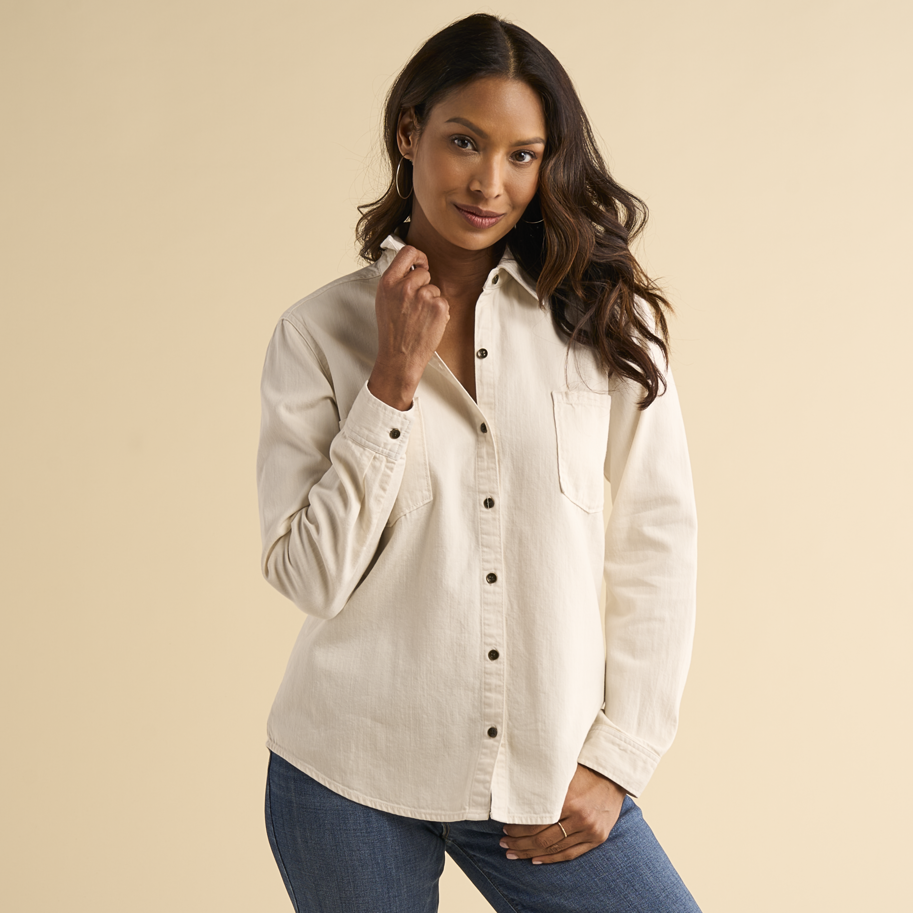 Image of Natural Reflections Button-Down Denim Long-Sleeve Shirt - Ivory