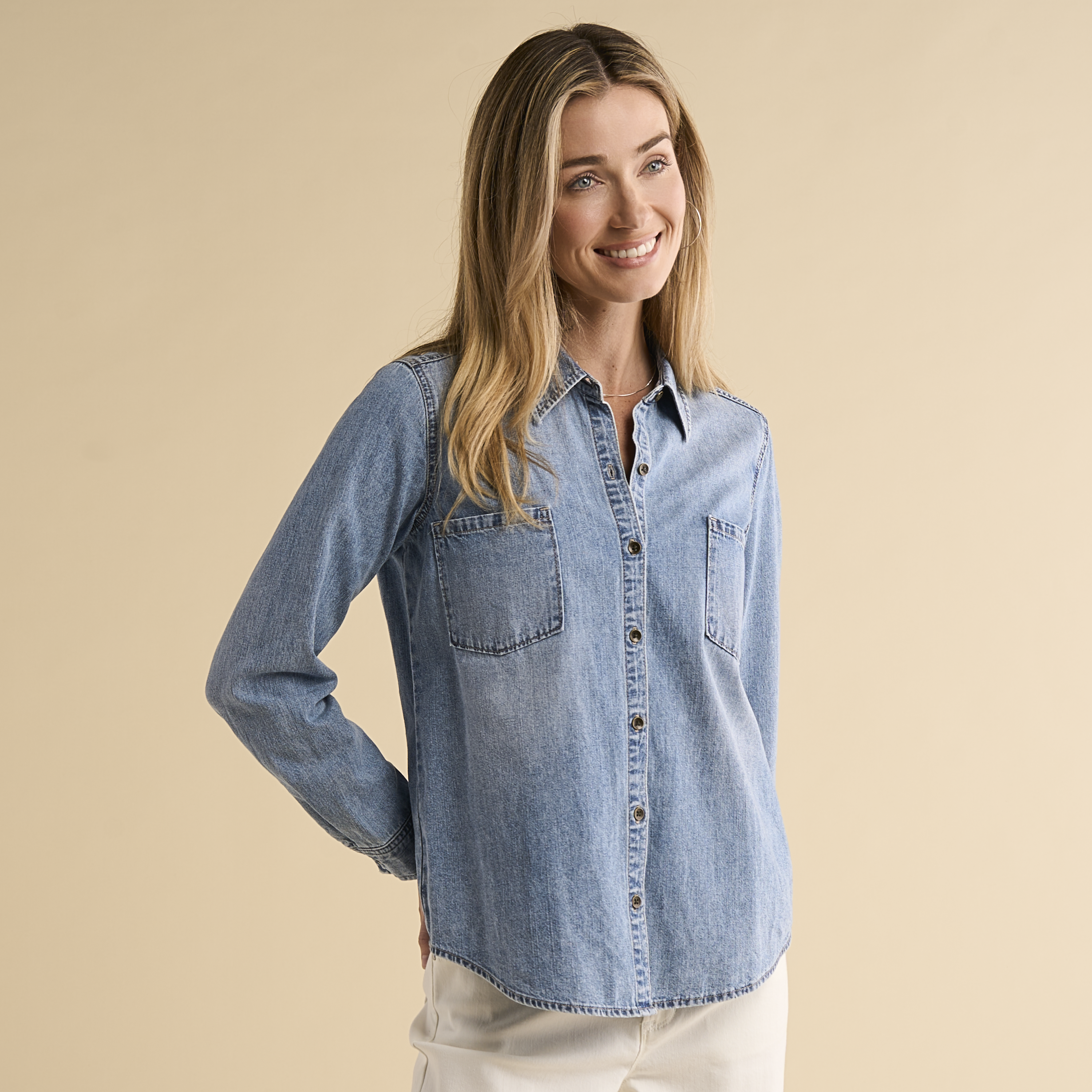Image of Natural Reflections Button-Down Denim Long-Sleeve Shirt - Light Denim - S