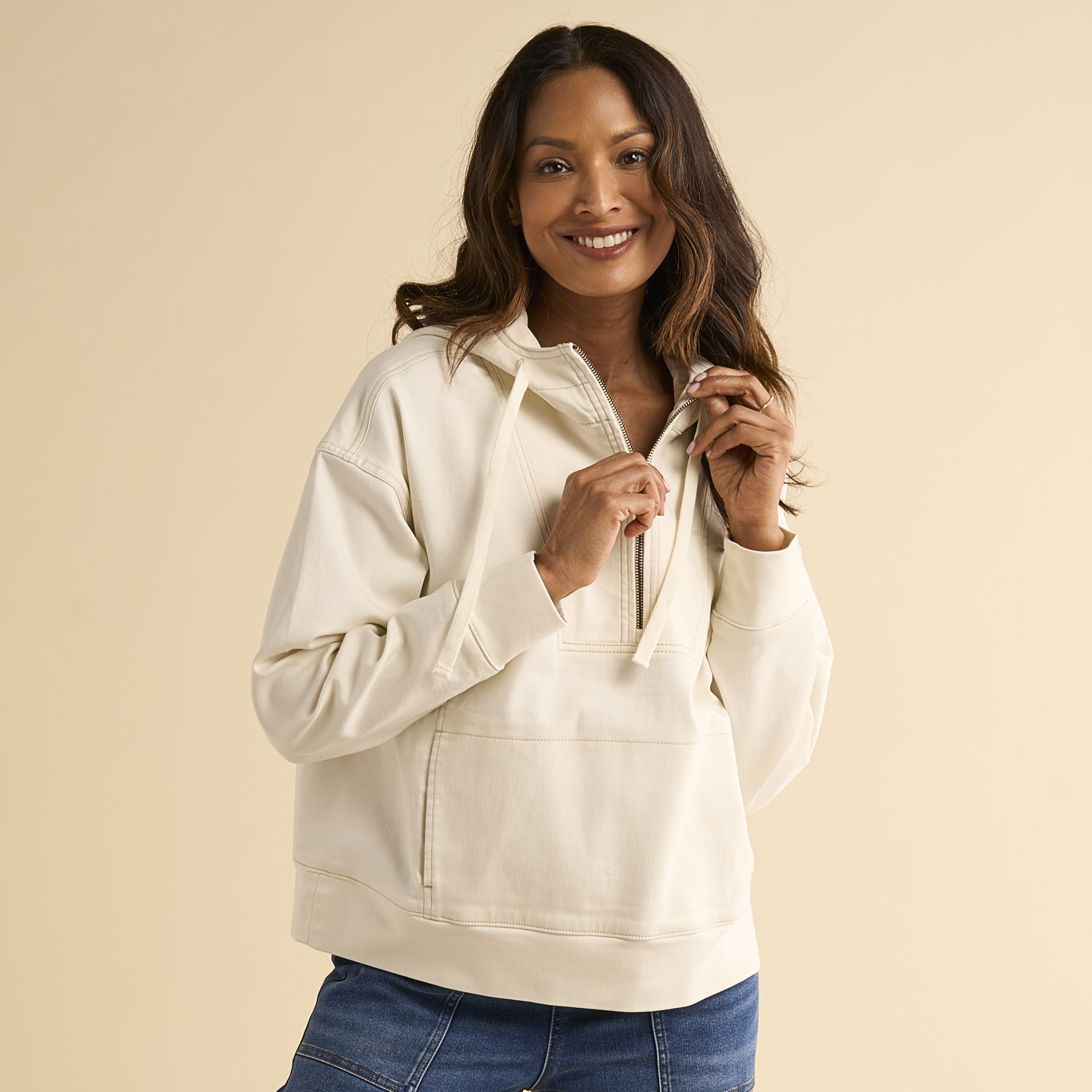 Image of Natural Reflections Daybreak Denim Pullover Hoodie - Egret