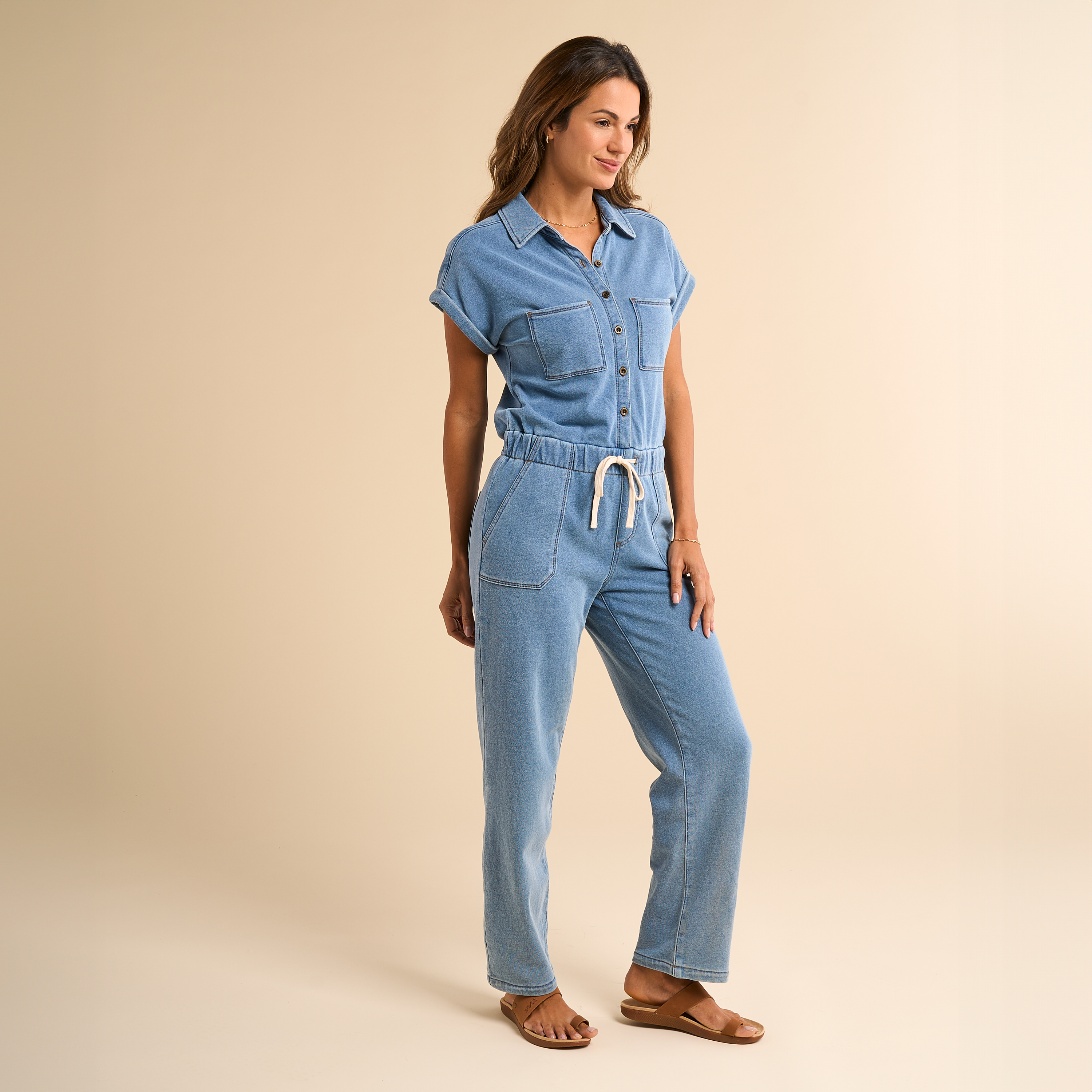 Image of Natural Reflections Knit Denim Jumpsuit - Medium Denim