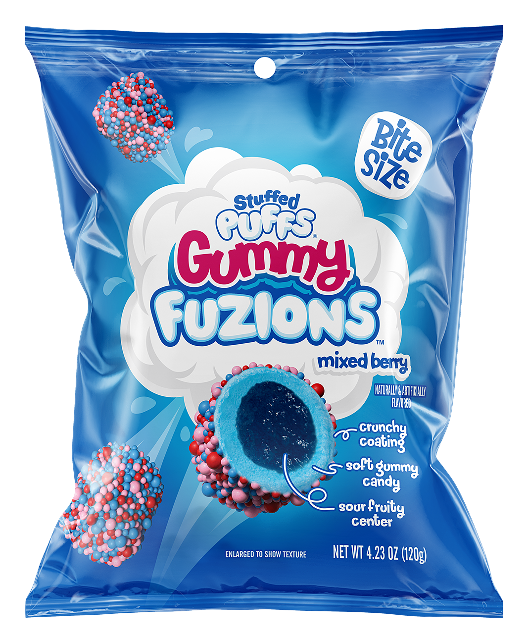 Image of Stuffed Puffs Sour Mixed Berry Gummy Fuzions Filled Marshmallow Bites