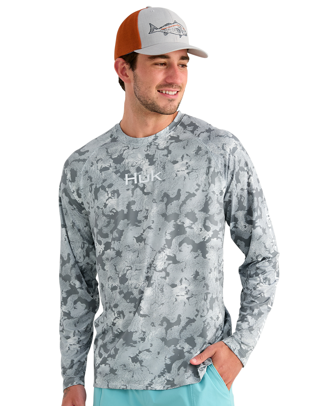 Image of Huk Airweight KC Printed Crew Long-Sleeve Shirt - Sharkskin Estuary Camo
