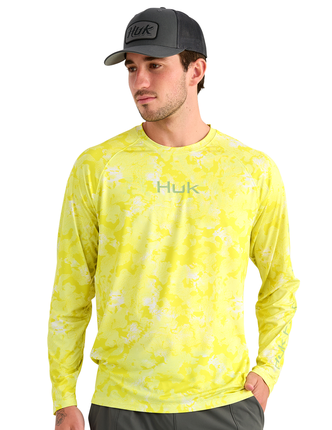 Image of Huk Airweight KC Printed Crew Long-Sleeve Shirt - Vintage Chartreuse