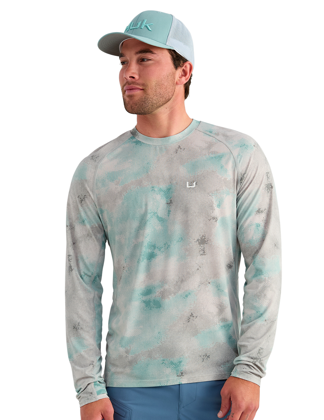 Image of Huk Watershed Printed Long-Sleeve Crew - Mineral Blue