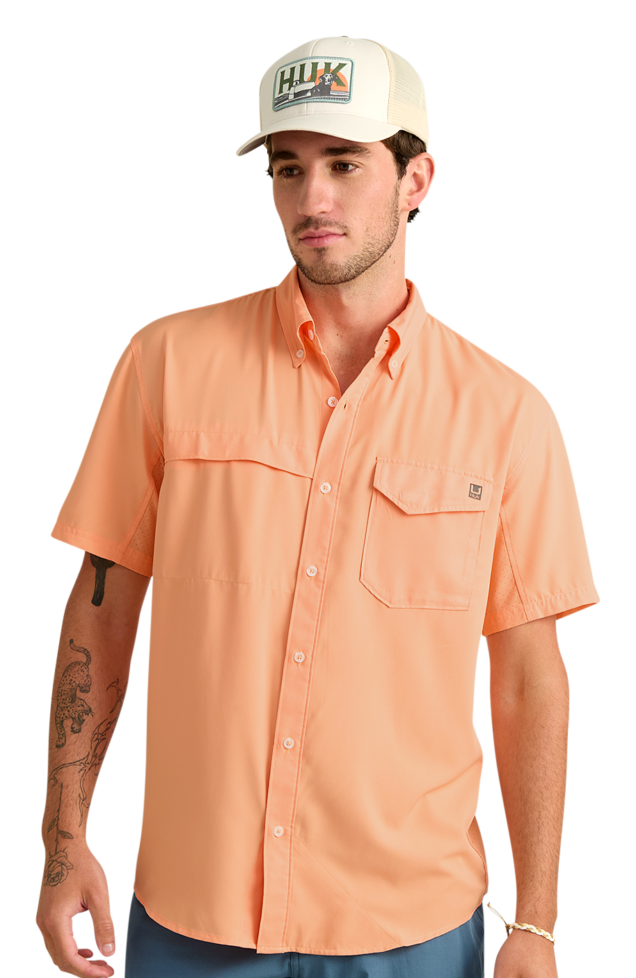 Image of Huk Tide Point Button-Up Short-Sleeve Shirt - Coral Reef