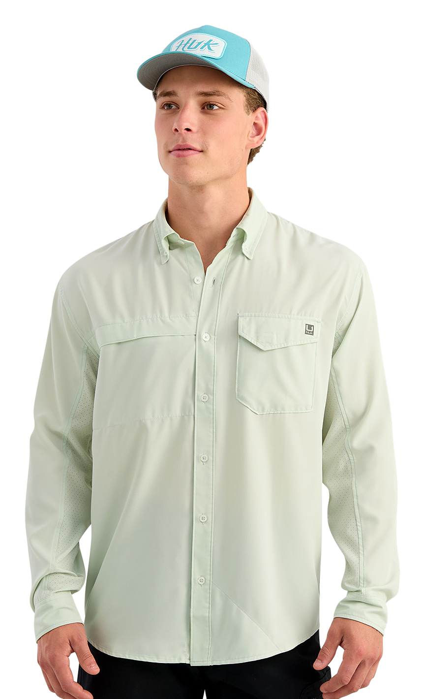 Image of Huk Tide Point Woven Solid Button-Up Long-Sleeve Shirt - Pale Algae