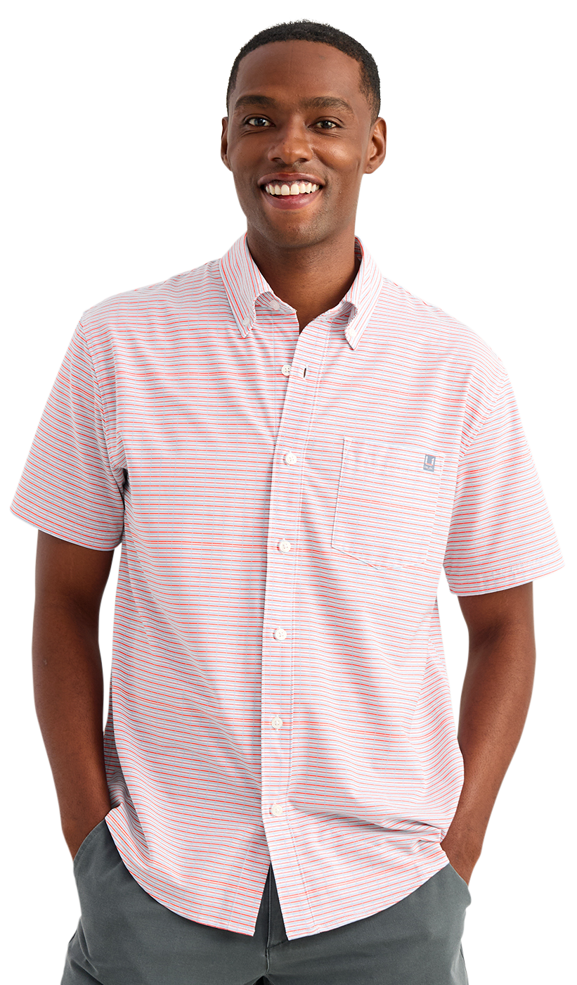 Image of Huk Kona Harbor Mist Short-Sleeve Button-Down Shirt - Mineral Red