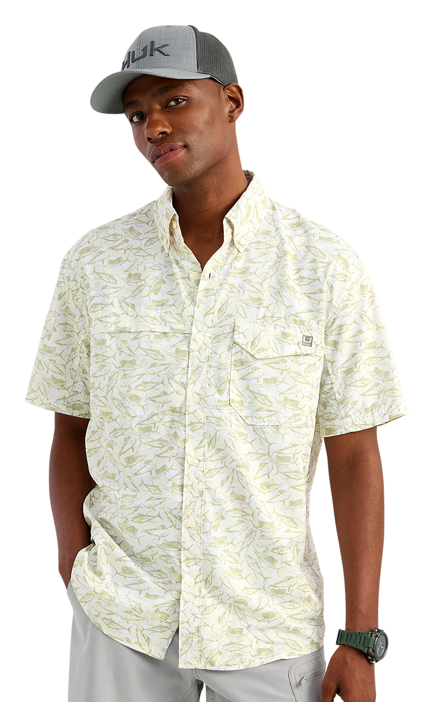 Image of Huk Tide Point KC Printed Short-Sleeve Button-Down Shirt - Seagrass