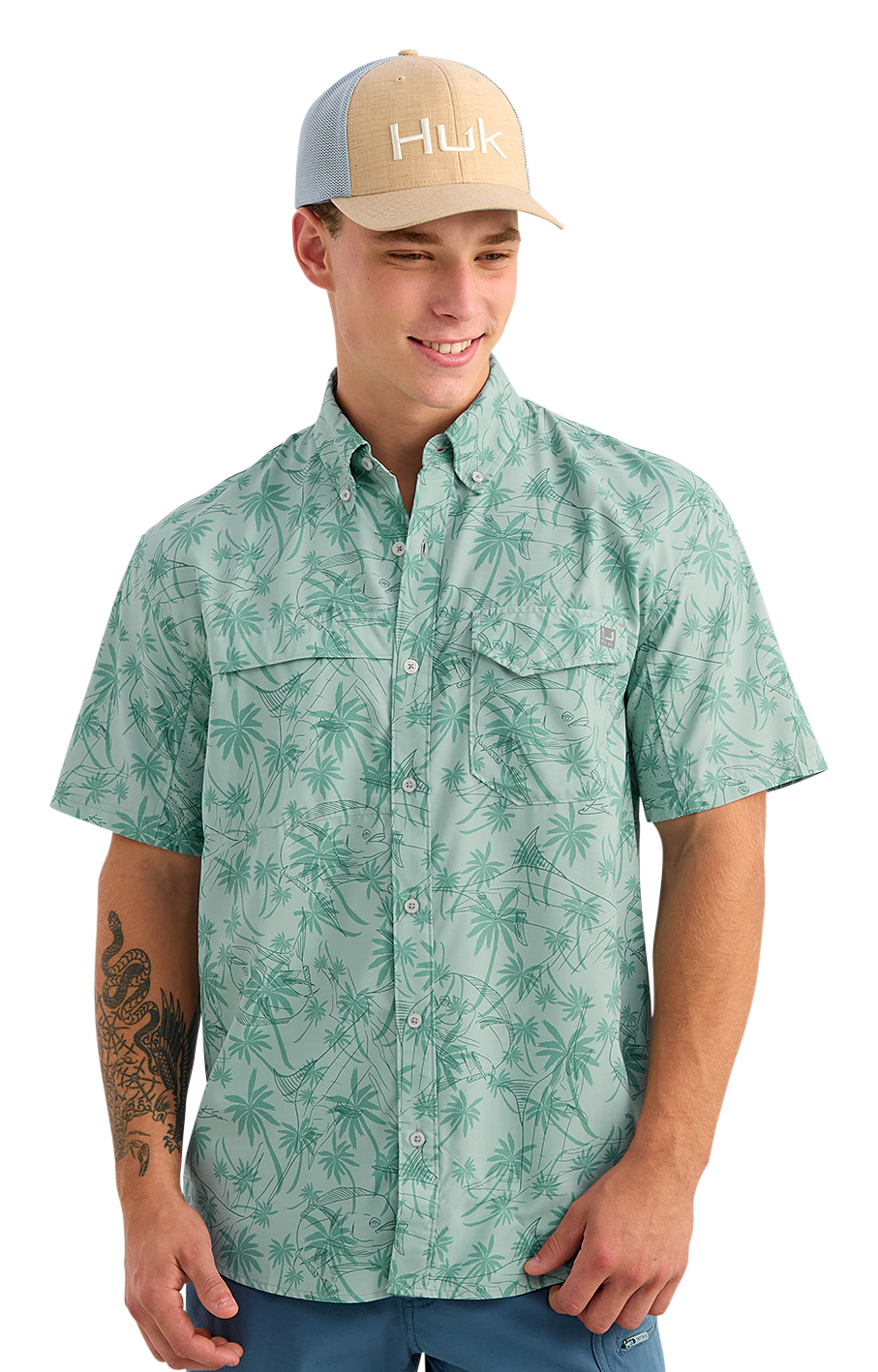 Image of Huk Tide Point KC Printed Short-Sleeve Button-Down Shirt - Heron Blue