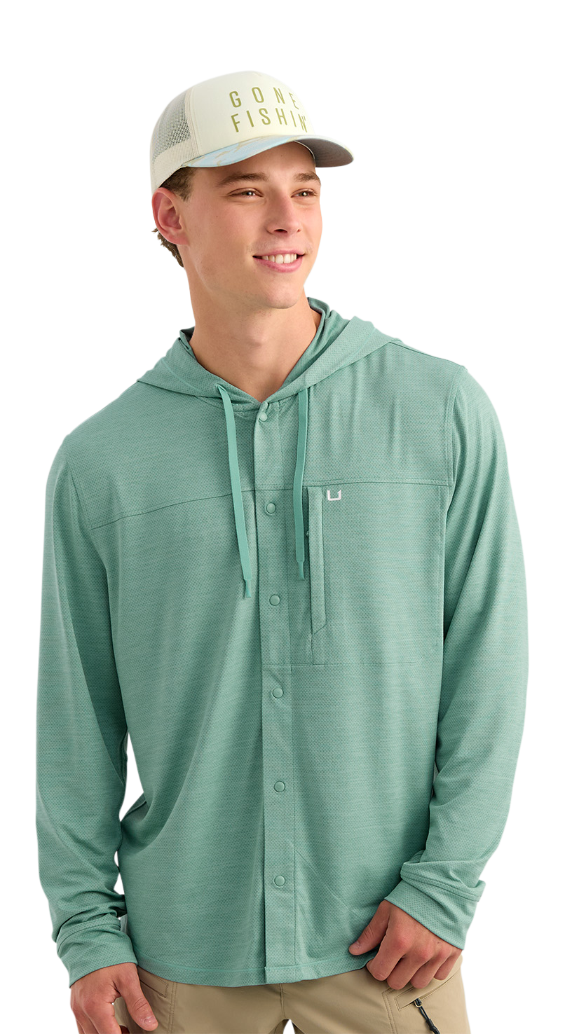 Image of Huk Watershed Hooded Long-Sleeve Shirt - Mineral Blue Heather