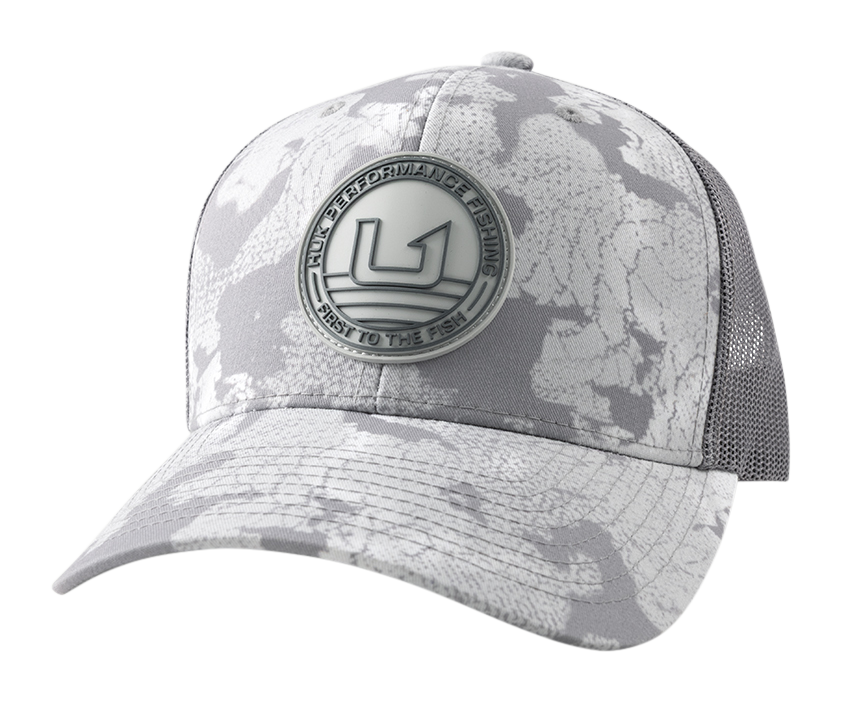 HUK KC Printed Circle Patch Sharkskin Estuary Camo Trucker Hat (H3000561-028-1)
