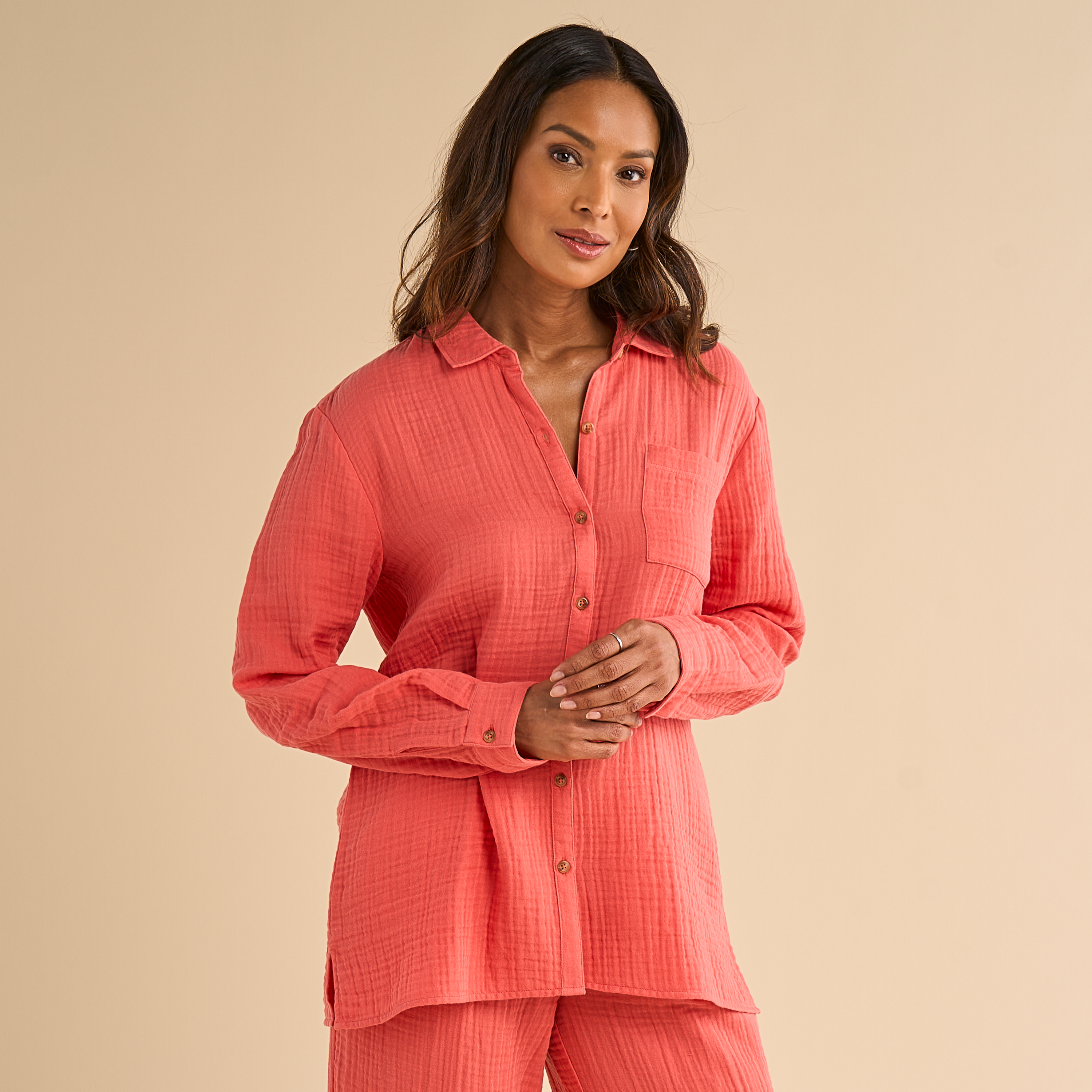 Image of Natural Reflections Double Cloth Long-Sleeve Button-Down Shirt - Spiced Coral